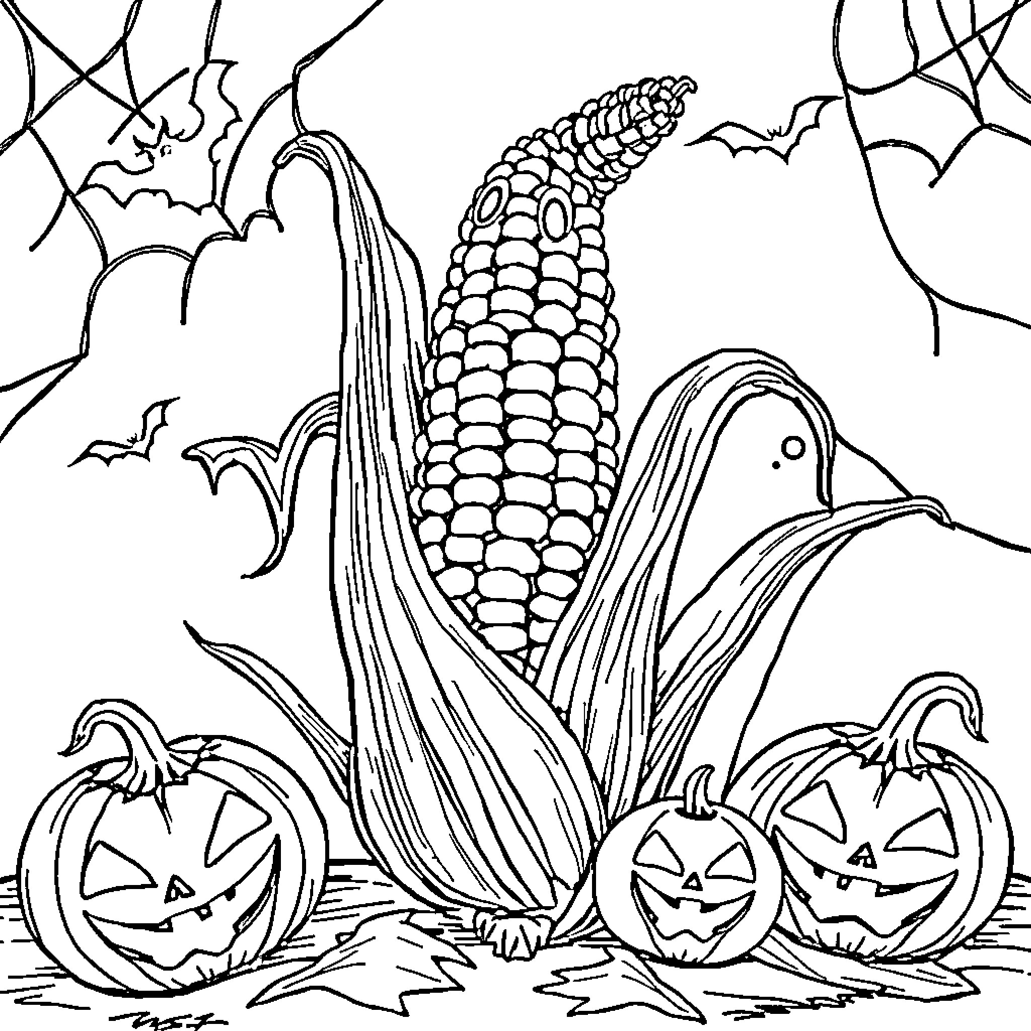 Corn harvest scene with Halloween elements Coloring Page (free black-and-white line drawing printable PDF for all, from beginners to advanced learners, including children, teens, adults, and seniors)