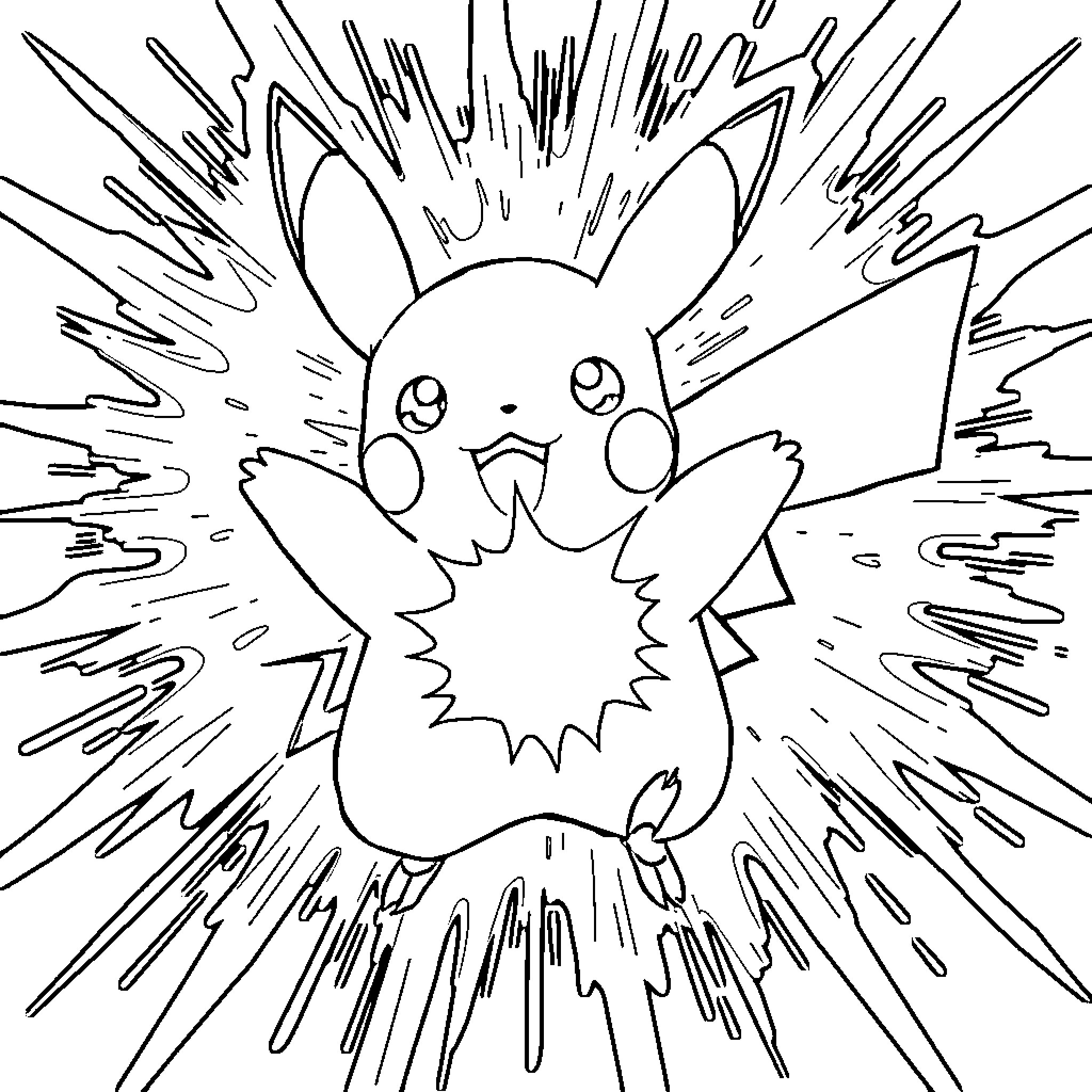 Pikachu Unleashing Powerful Explosion Coloring Page (free black-and-white line drawing printable PDF for all, from beginners to advanced learners, including children, teens, adults, and seniors)