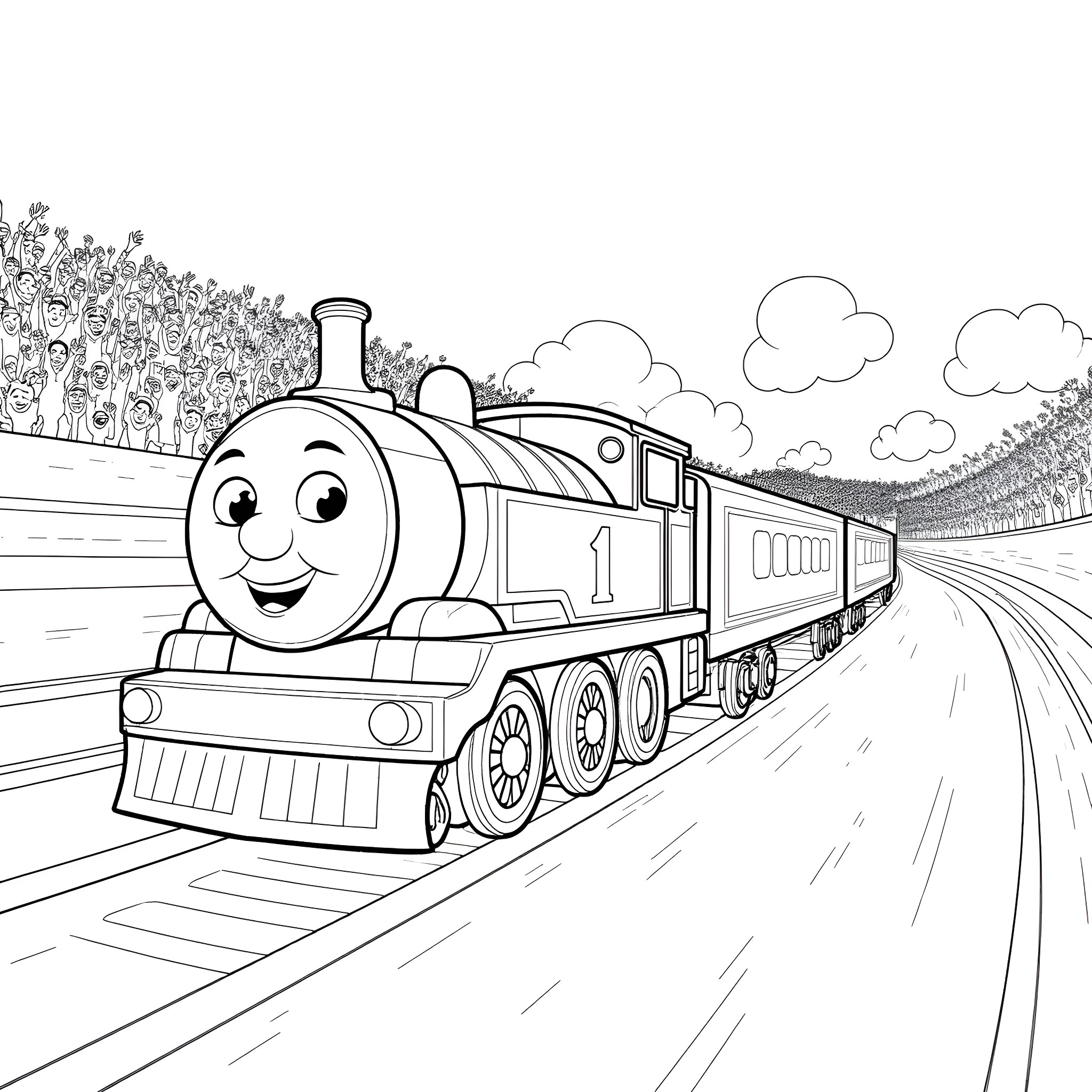 Train with Smiling Engine Traveling on Tracks Coloring Page (free black-and-white line drawing printable PDF for all, from beginners to advanced learners, including children, teens, adults, and seniors)