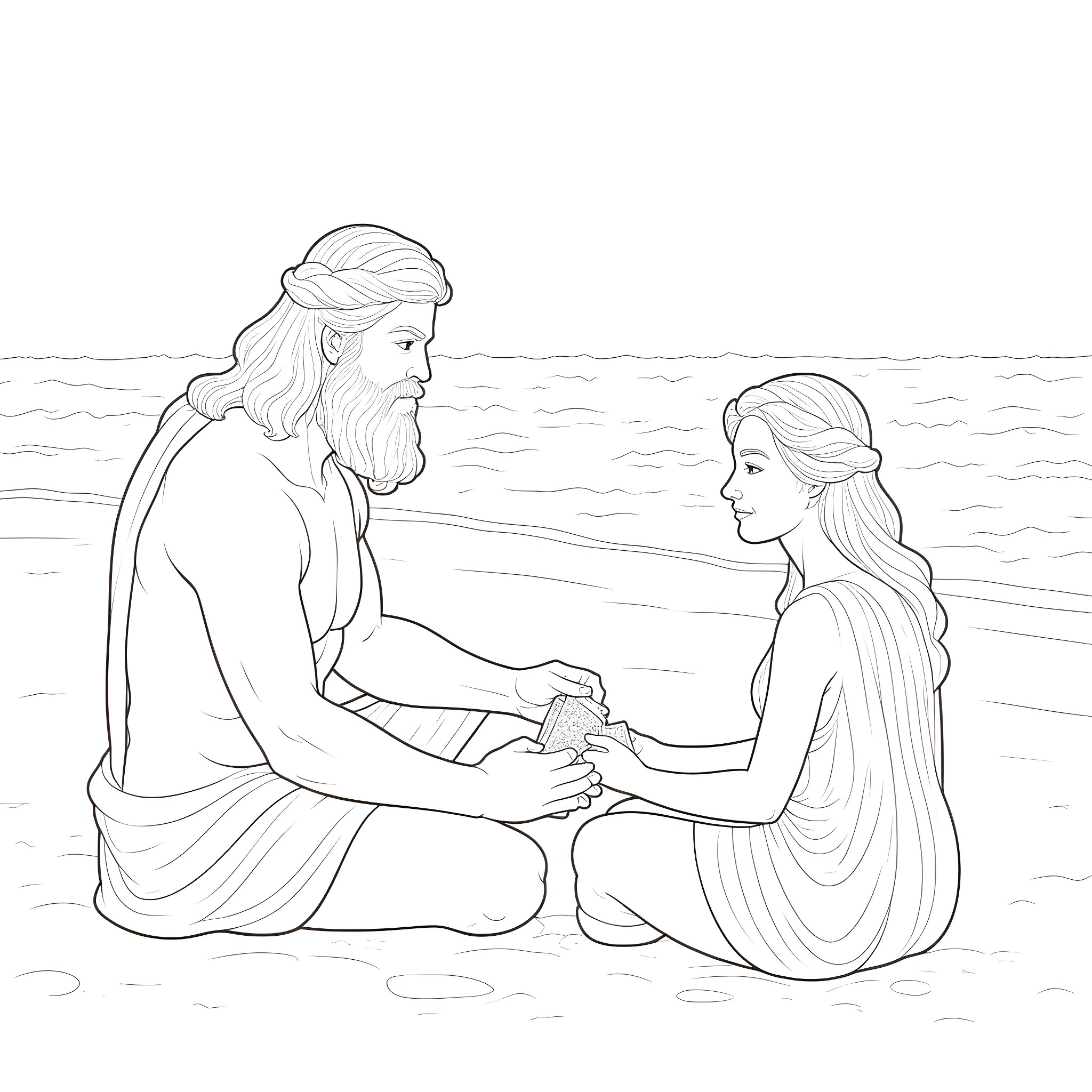 Zeus bestowing divine wisdom upon a mortal Coloring Page (free black-and-white line drawing printable PDF for all, from beginners to advanced learners, including children, teens, adults, and seniors)