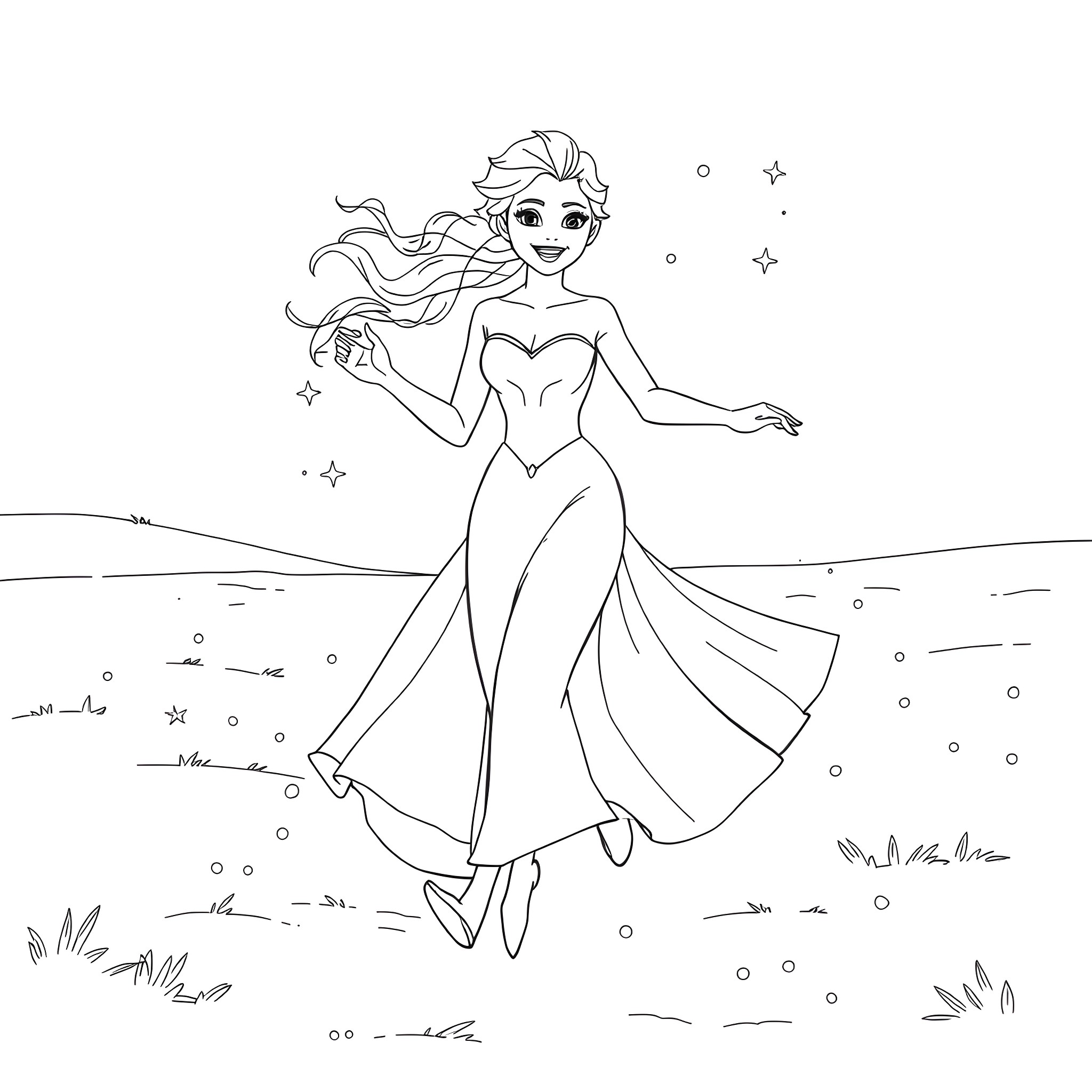 Elsa dancing gracefully in the snowy landscape Coloring Page (free black-and-white line drawing printable PDF for all, from beginners to advanced learners, including children, teens, adults, and seniors)