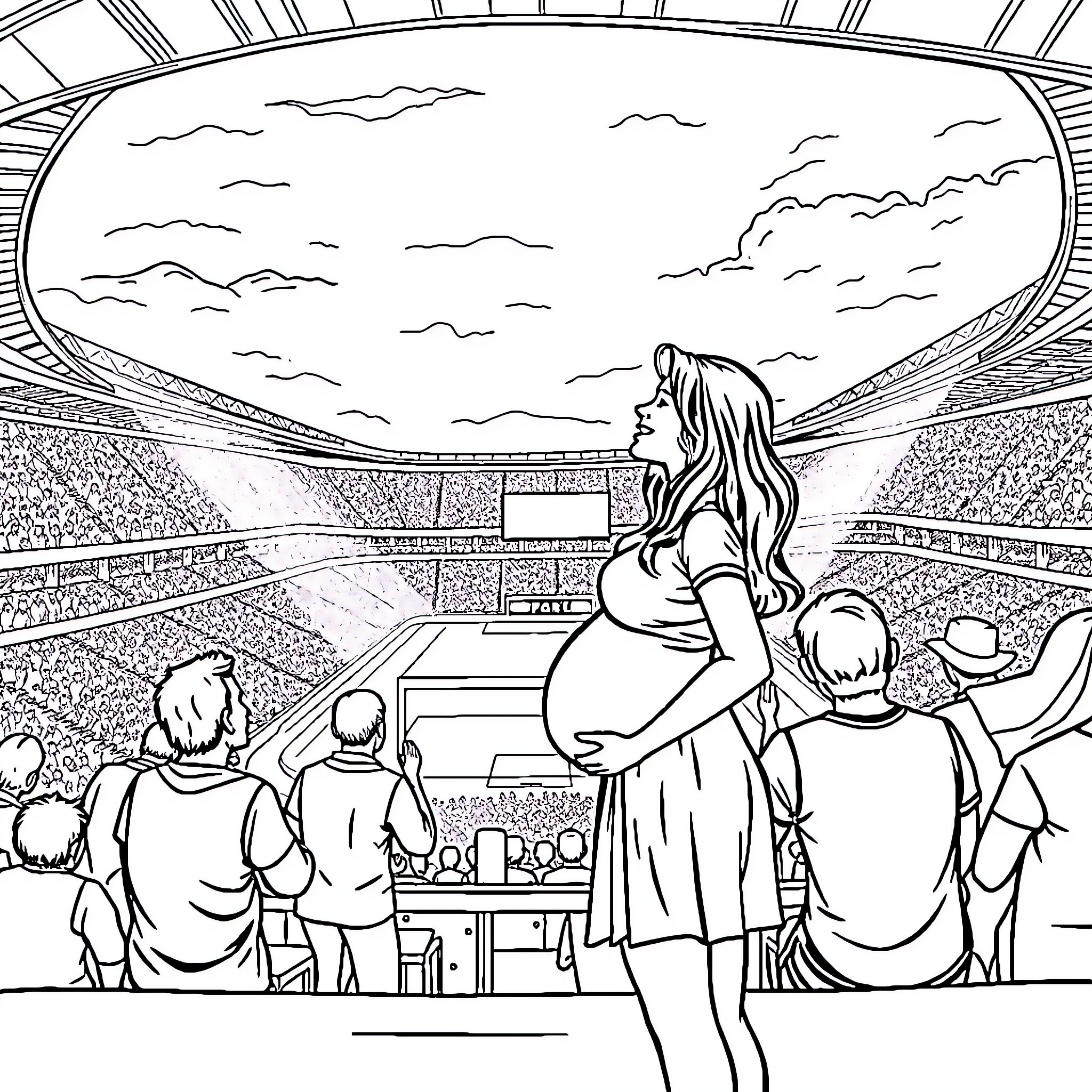 Woman enjoying sporting event while pregnant Coloring Page (free black-and-white line drawing printable PDF for all, from beginners to advanced learners, including children, teens, adults, and seniors)