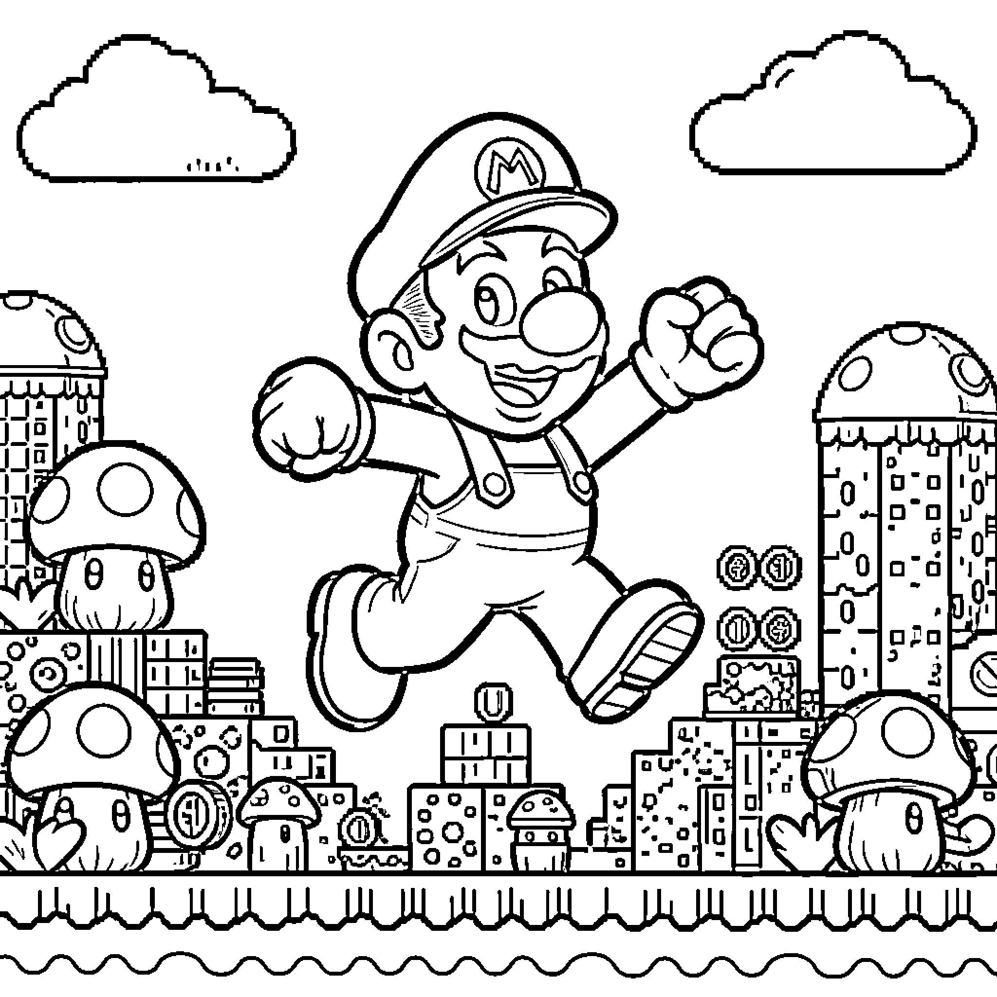 Super Mario Jumping Through the Mushroom Kingdom Coloring Page (free black-and-white line drawing printable PDF for all, from beginners to advanced learners, including children, teens, adults, and seniors)