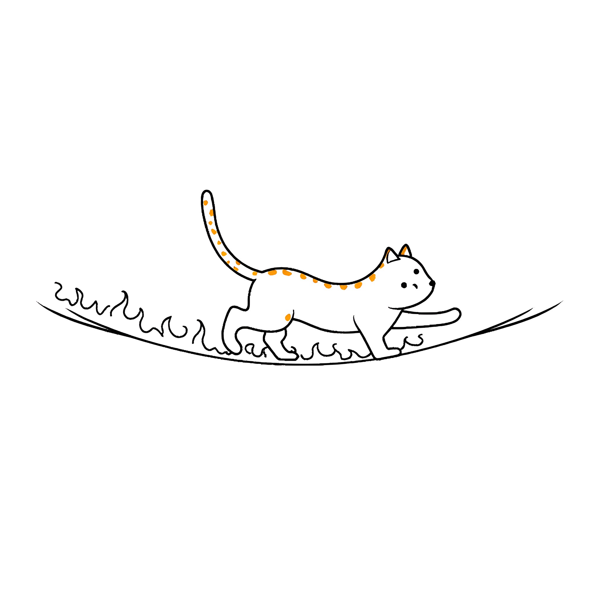 Cat scurrying playfully through leaves Coloring Page (free black-and-white line drawing printable PDF for all, from beginners to advanced learners, including children, teens, adults, and seniors)