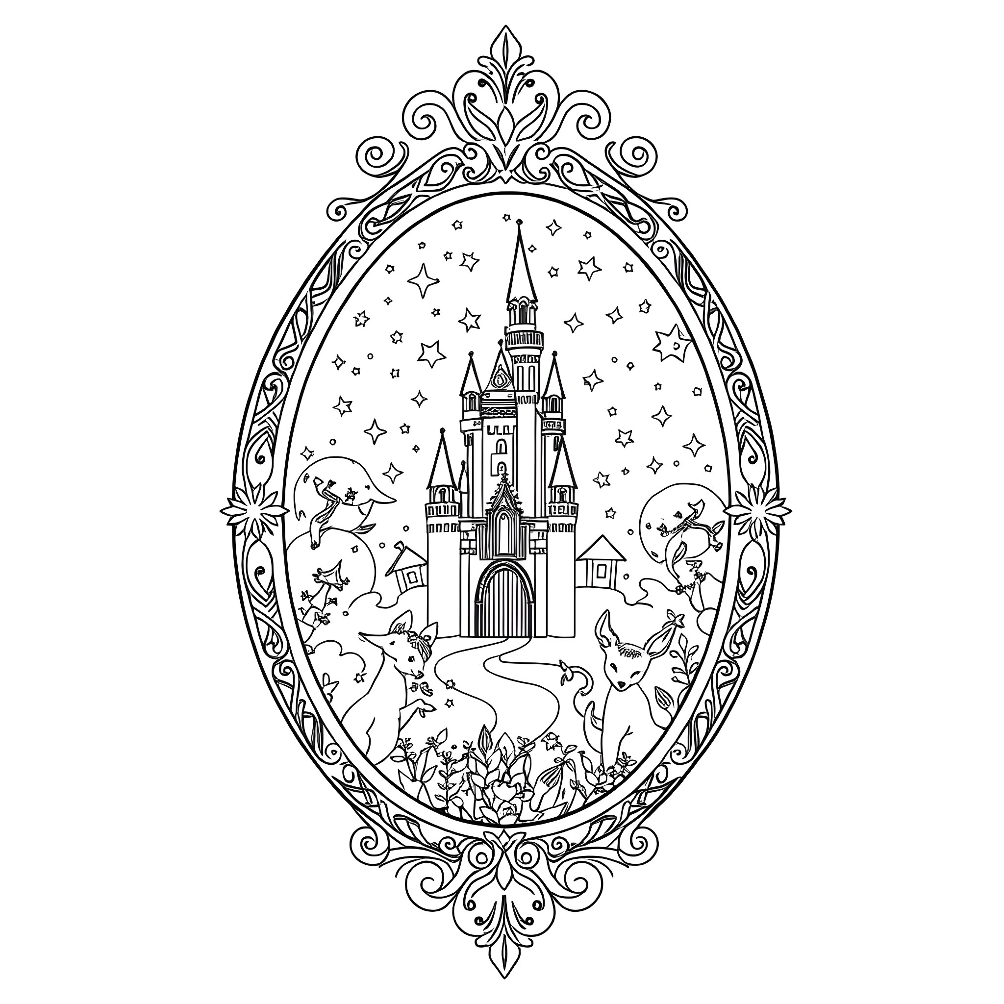 Magic Mirror of Enchanted Castle with Woodland Creatures Coloring Page (free black-and-white line drawing printable PDF for all, from beginners to advanced learners, including children, teens, adults, and seniors)