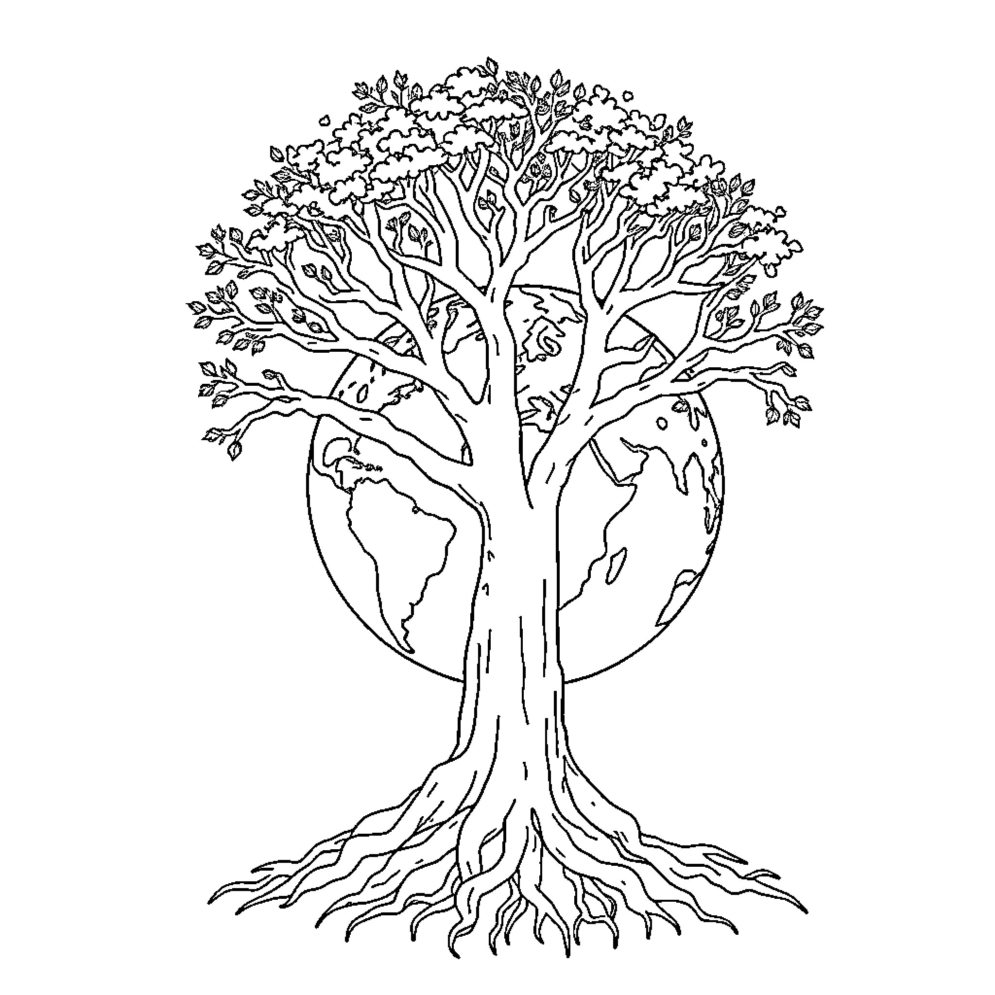 Tree representing global environmental conservation Coloring Page (free black-and-white line drawing printable PDF for all, from beginners to advanced learners, including children, teens, adults, and seniors)