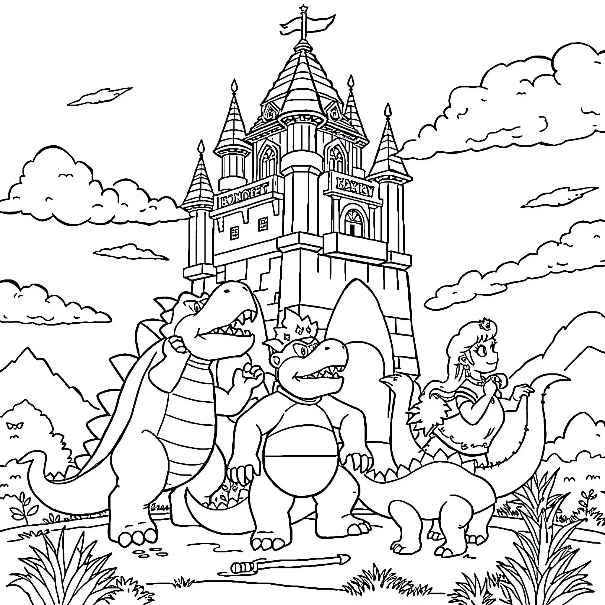 Dinosaurs exploring fantastical castle in the clouds Coloring Page (free black-and-white line drawing printable PDF for all, from beginners to advanced learners, including children, teens, adults, and seniors)