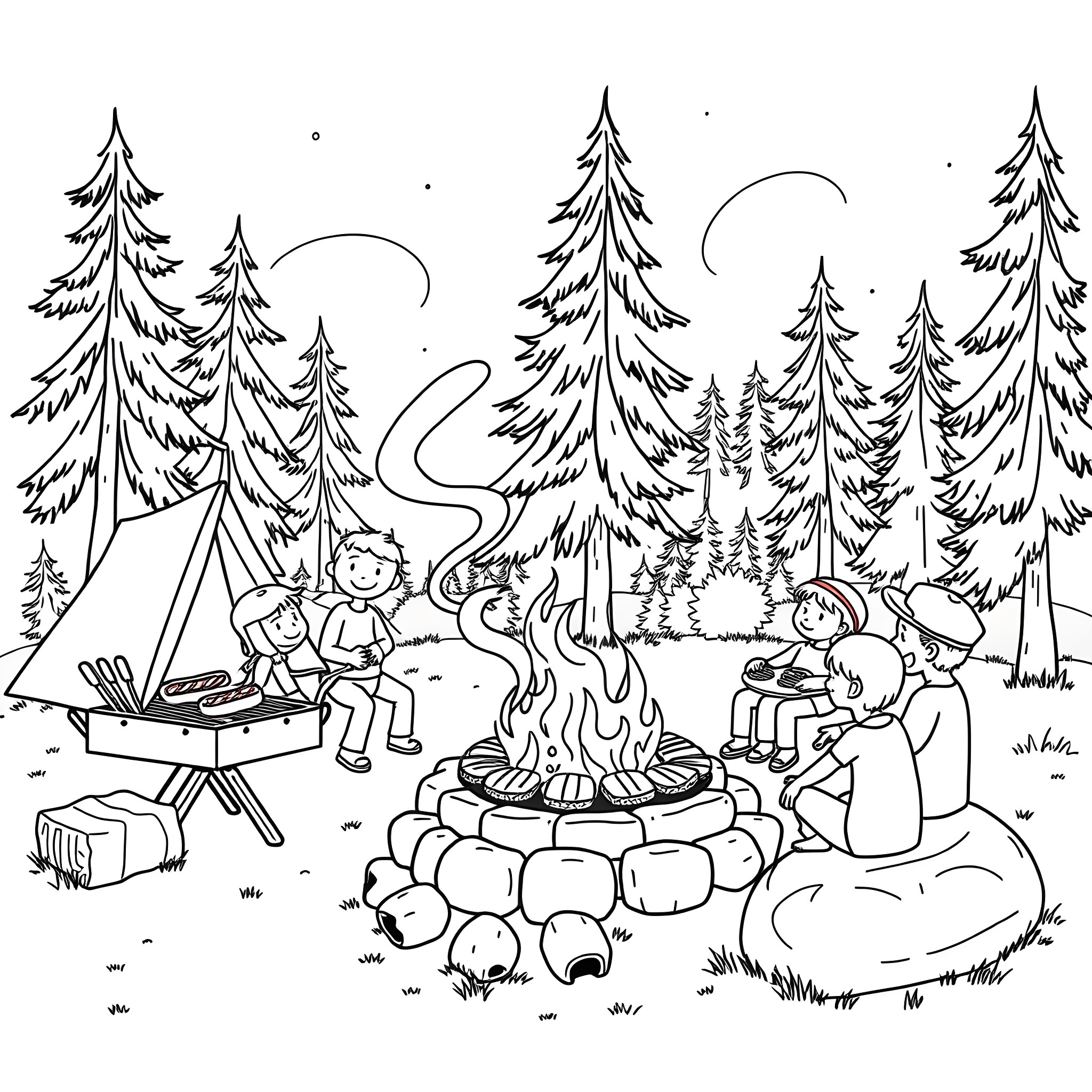 Hotdog and friends camping in the forest Coloring Page (free black-and-white line drawing printable PDF for all, from beginners to advanced learners, including children, teens, adults, and seniors)
