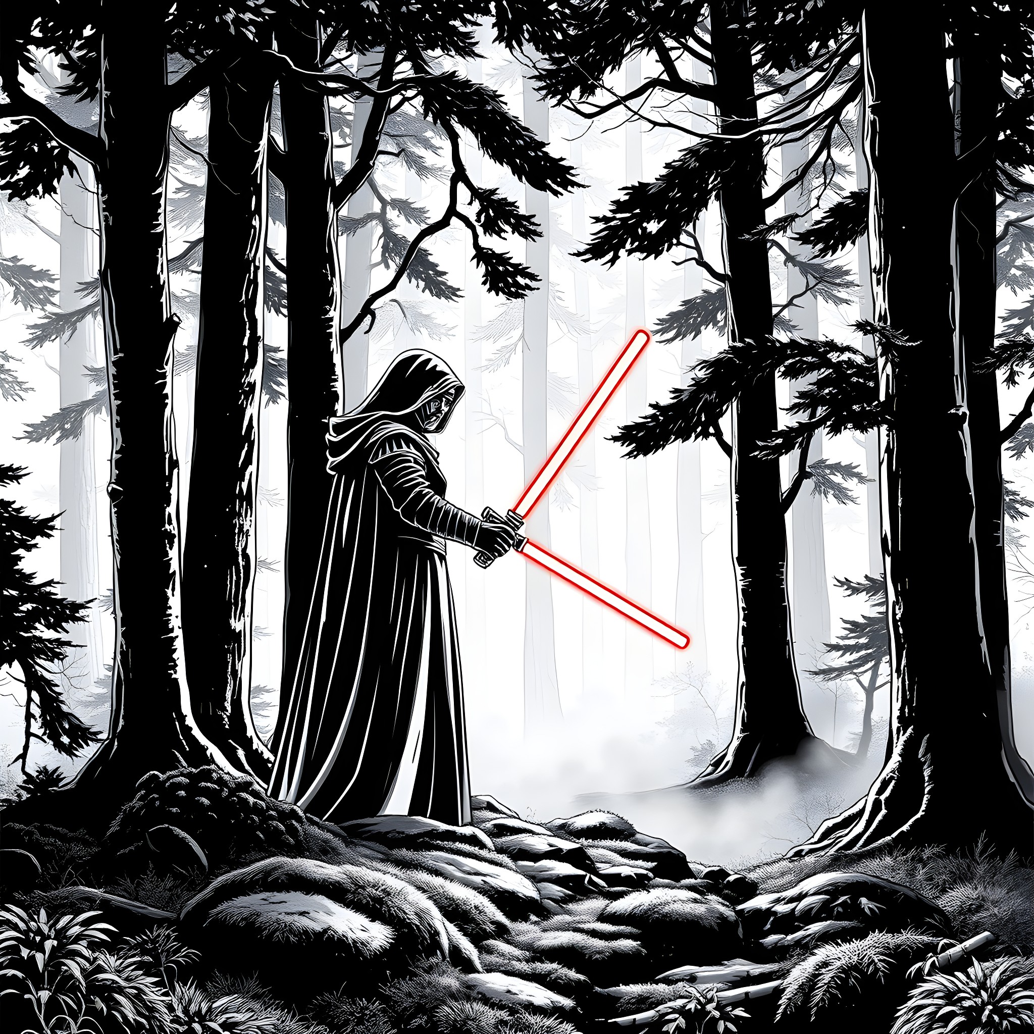 Kylo Ren wielding lightsaber in a dark forest Coloring Page (free black-and-white line drawing printable PDF for all, from beginners to advanced learners, including children, teens, adults, and seniors)