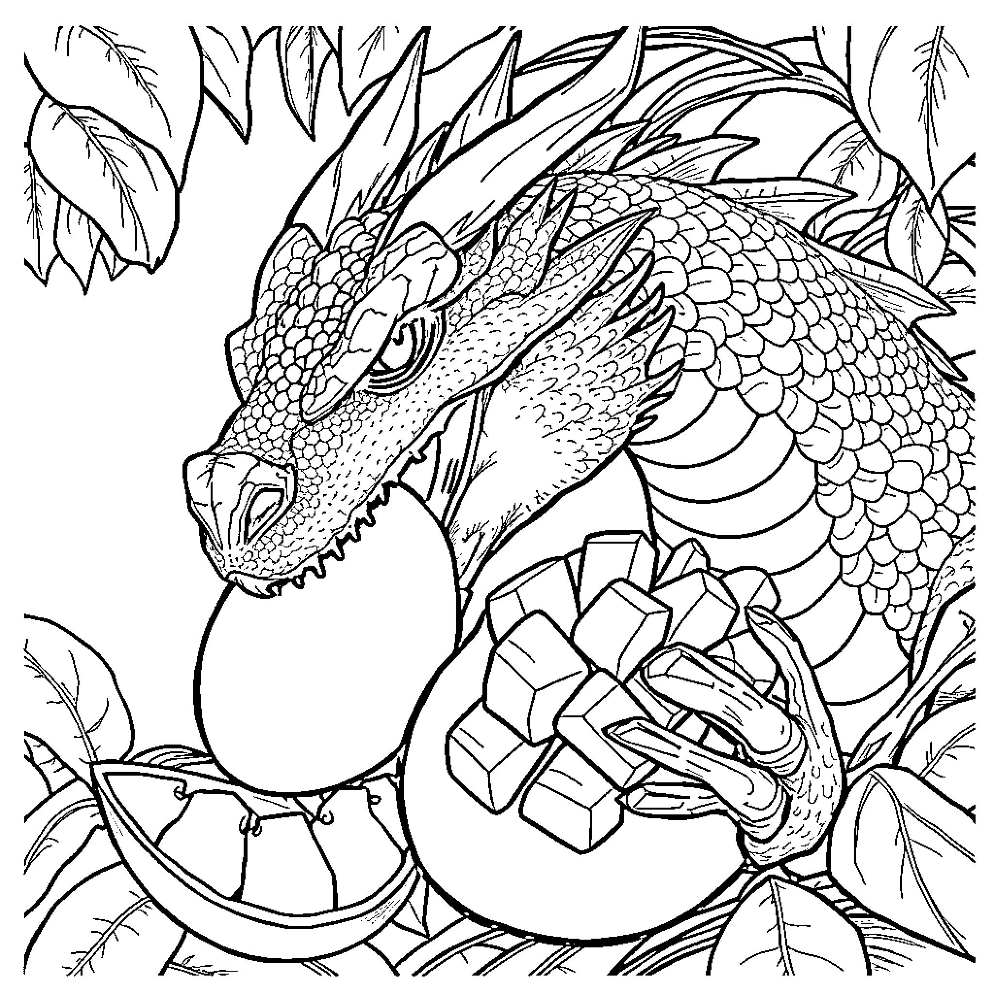 Dragon resting among leaves and branches Coloring Page (free black-and-white line drawing printable PDF for all, from beginners to advanced learners, including children, teens, adults, and seniors)