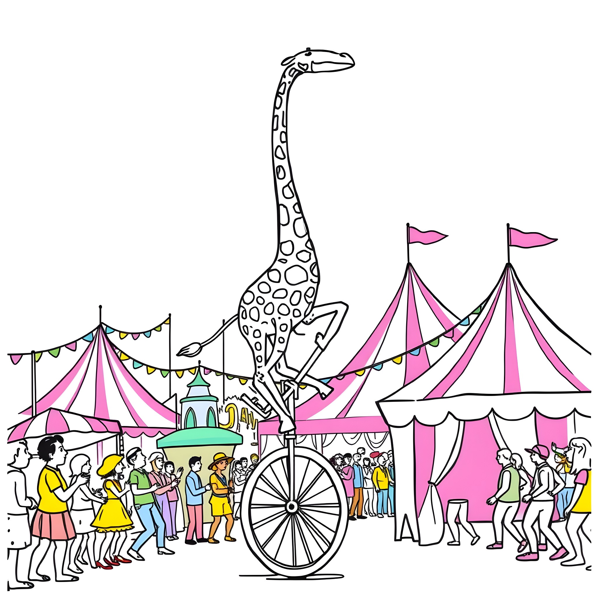 Giraffe performing at a vibrant carnival Coloring Page (free black-and-white line drawing printable PDF for all, from beginners to advanced learners, including children, teens, adults, and seniors)