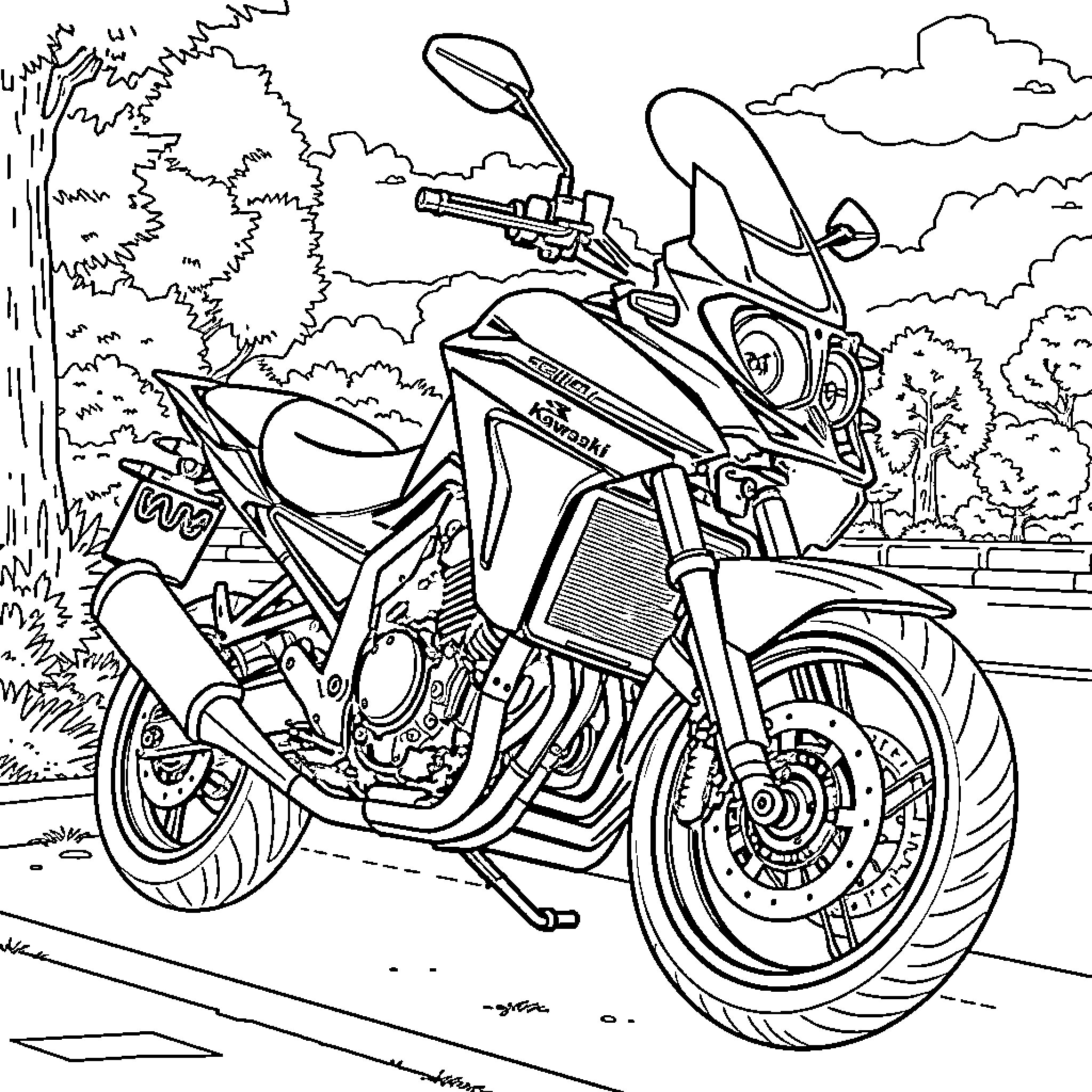 Kawasaki Versys parked on a scenic roadside path Coloring Page (free black-and-white line drawing printable PDF for all, from beginners to advanced learners, including children, teens, adults, and seniors)