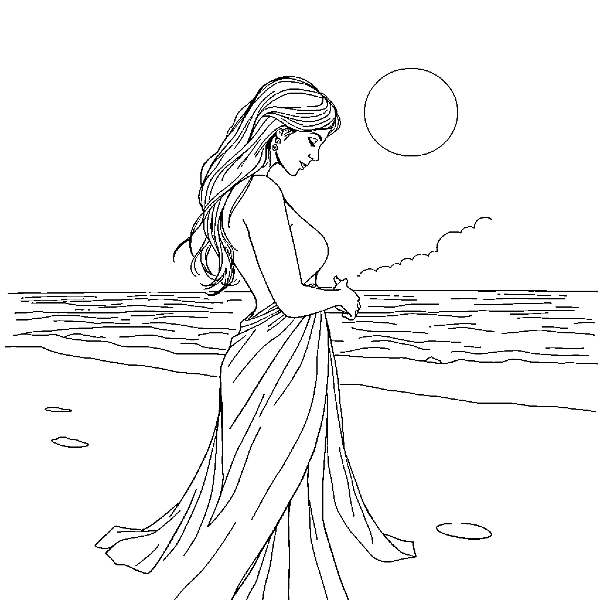 Woman walking along the beach at sunset Coloring Page (free black-and-white line drawing printable PDF for all, from beginners to advanced learners, including children, teens, adults, and seniors)