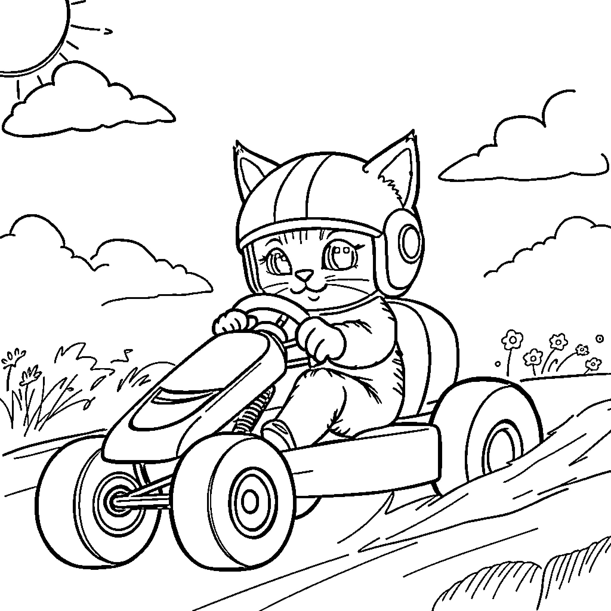 Cat driving a race car on a winding road Coloring Page (free black-and-white line drawing printable PDF for all, from beginners to advanced learners, including children, teens, adults, and seniors)