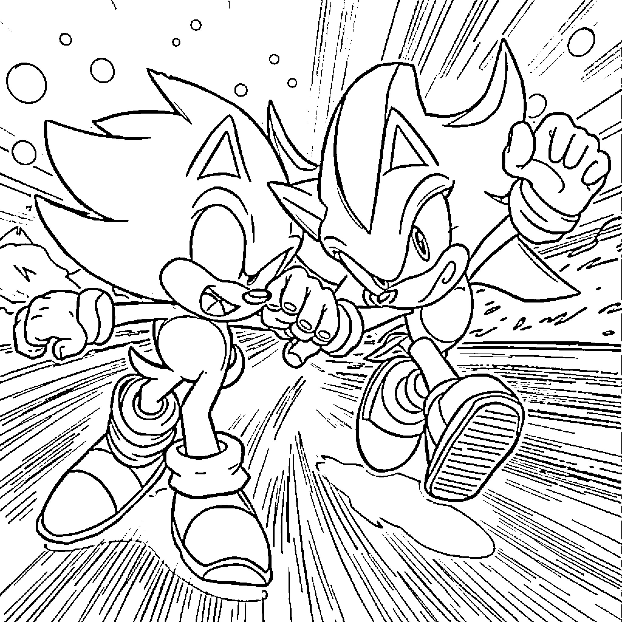 Sonic the Hedgehog in high-speed action Coloring Page (free black-and-white line drawing printable PDF for all, from beginners to advanced learners, including children, teens, adults, and seniors)