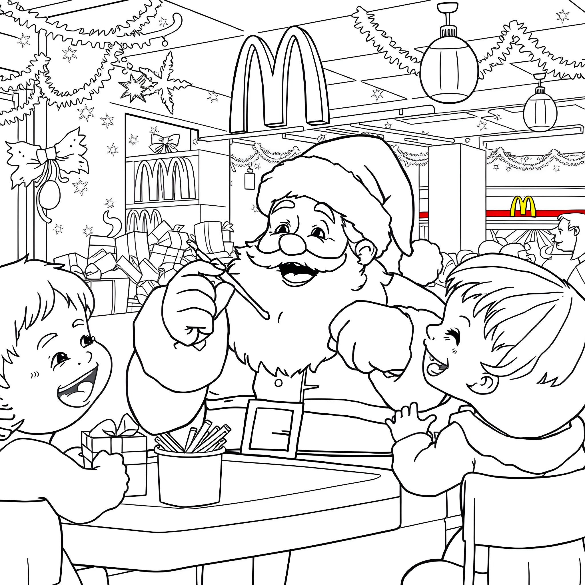 Santa Claus Brings Joy to Children at the Fast Food Restaurant Coloring Page (free black-and-white line drawing printable PDF for all, from beginners to advanced learners, including children, teens, adults, and seniors)