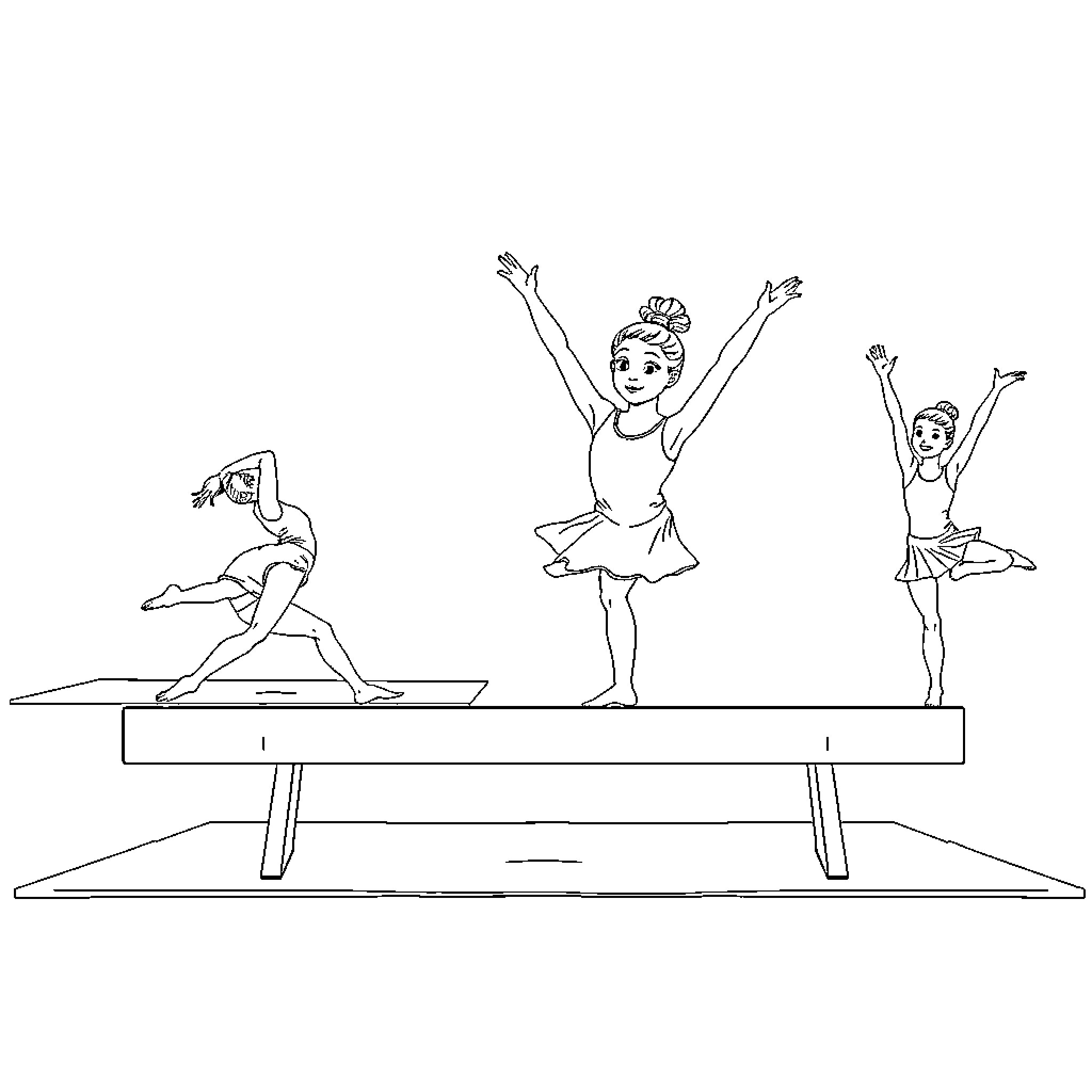 Girls practicing ballet dance on stage Coloring Page (free black-and-white line drawing printable PDF for all, from beginners to advanced learners, including children, teens, adults, and seniors)