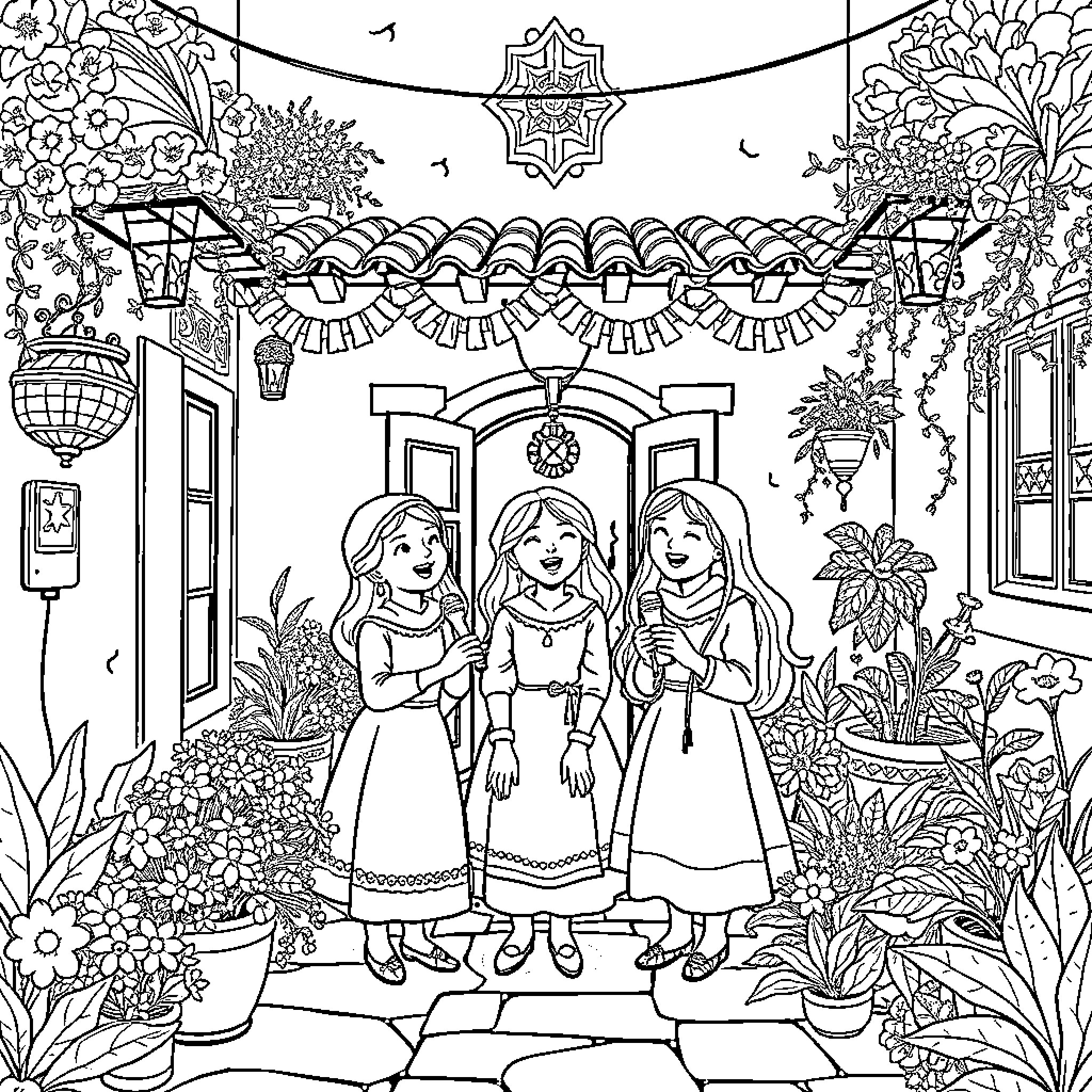 Mirabel and her sisters celebrate their culture Coloring Page (free black-and-white line drawing printable PDF for all, from beginners to advanced learners, including children, teens, adults, and seniors)