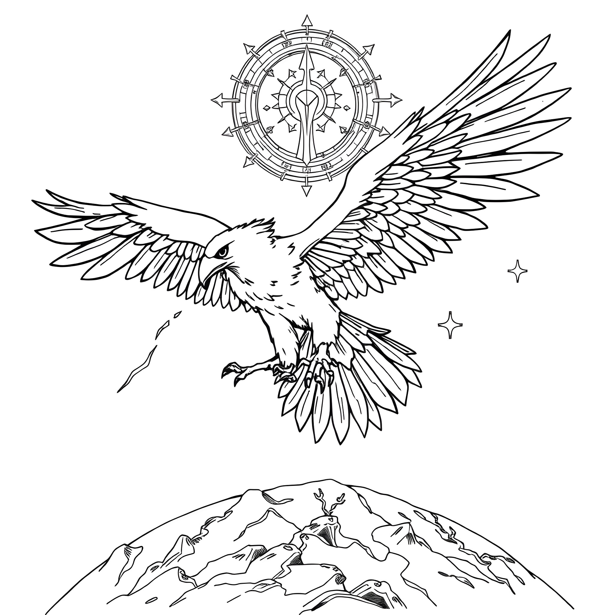 Thunderbird soaring over the mountains Coloring Page (free black-and-white line drawing printable PDF for all, from beginners to advanced learners, including children, teens, adults, and seniors)