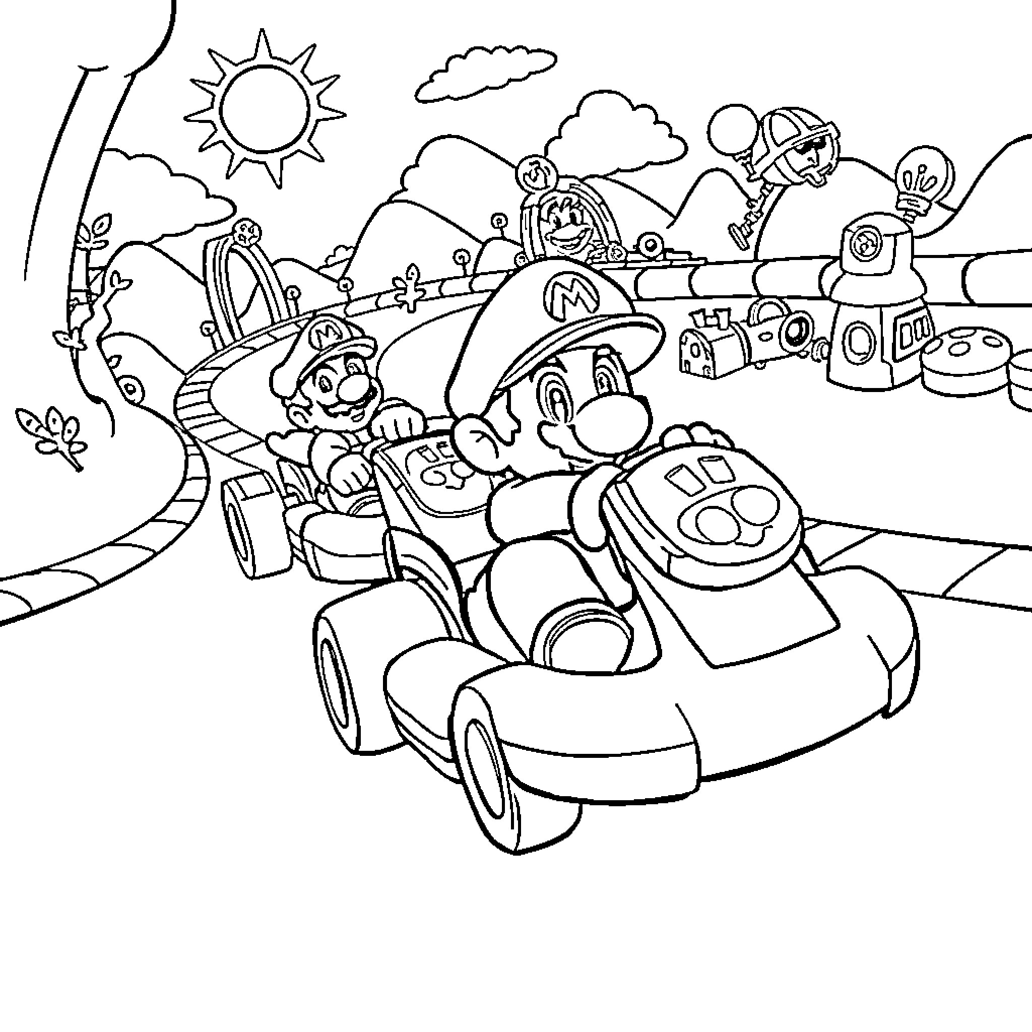 Mario and friends racing in whimsical cartoon vehicles Coloring Page (free black-and-white line drawing printable PDF for all, from beginners to advanced learners, including children, teens, adults, and seniors)