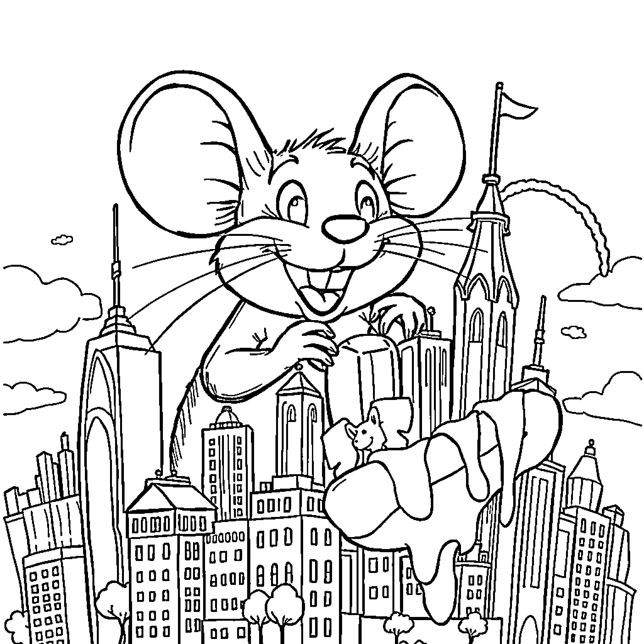 Mouse exploring the grand city skyline Coloring Page (free black-and-white line drawing printable PDF for all, from beginners to advanced learners, including children, teens, adults, and seniors)