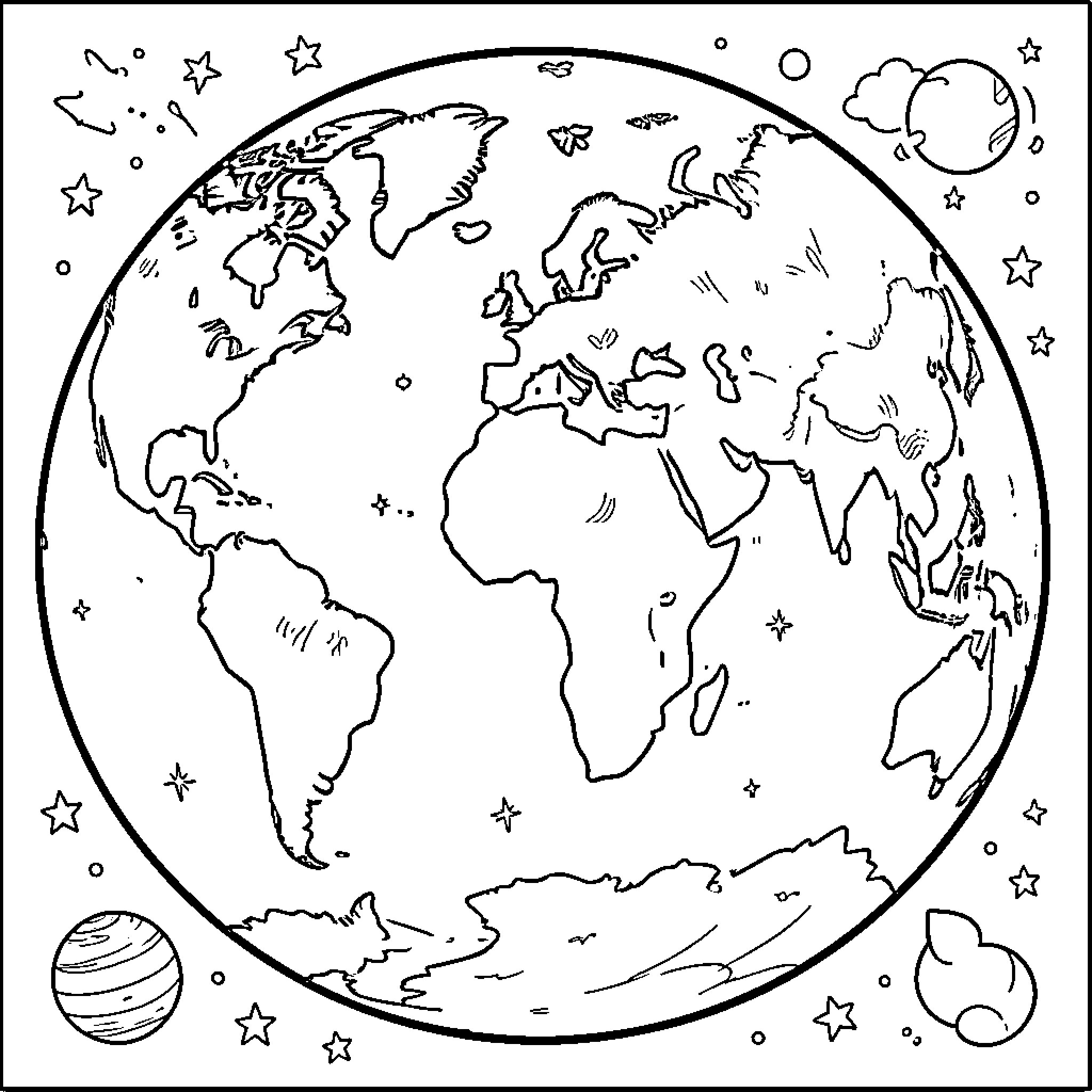 Coloring the planet Earth surrounded by stars and space Coloring Page (free black-and-white line drawing printable PDF for all, from beginners to advanced learners, including children, teens, adults, and seniors)