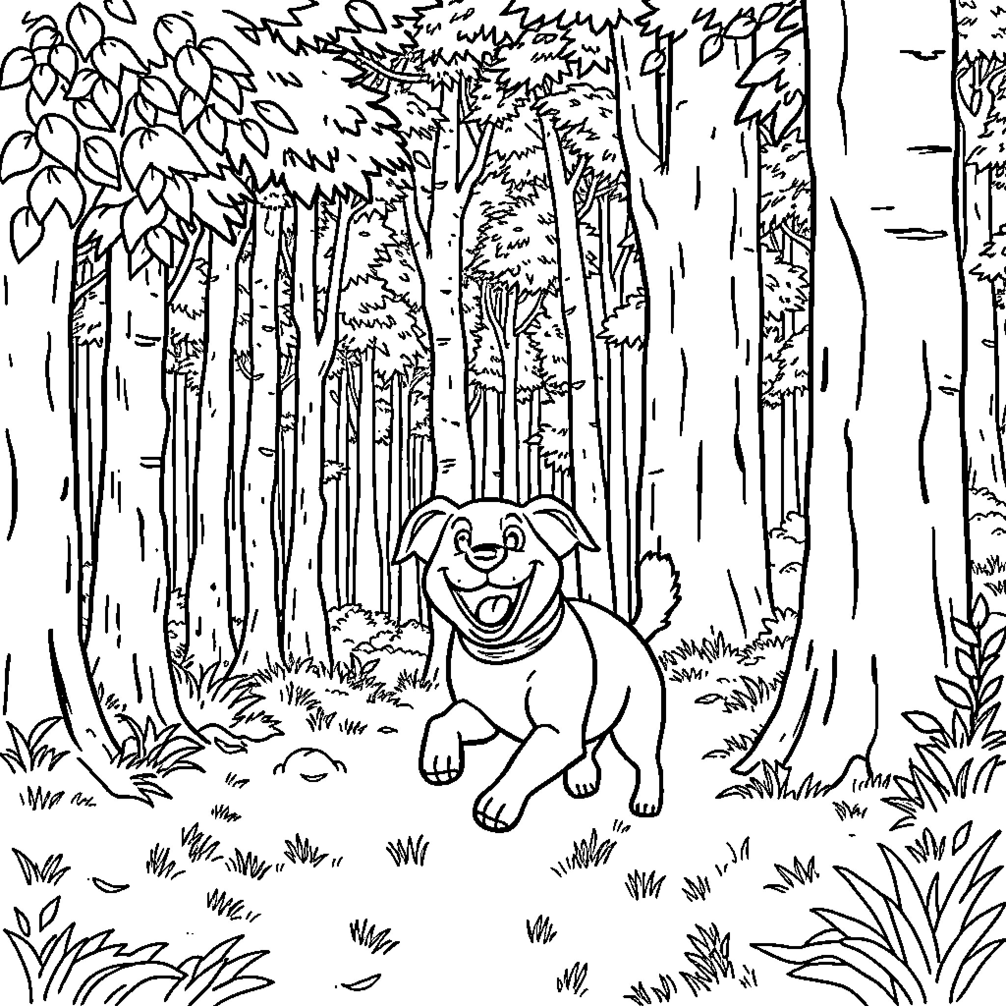 Dog Playing in the Enchanted Forest Coloring Page (free black-and-white line drawing printable PDF for all, from beginners to advanced learners, including children, teens, adults, and seniors)