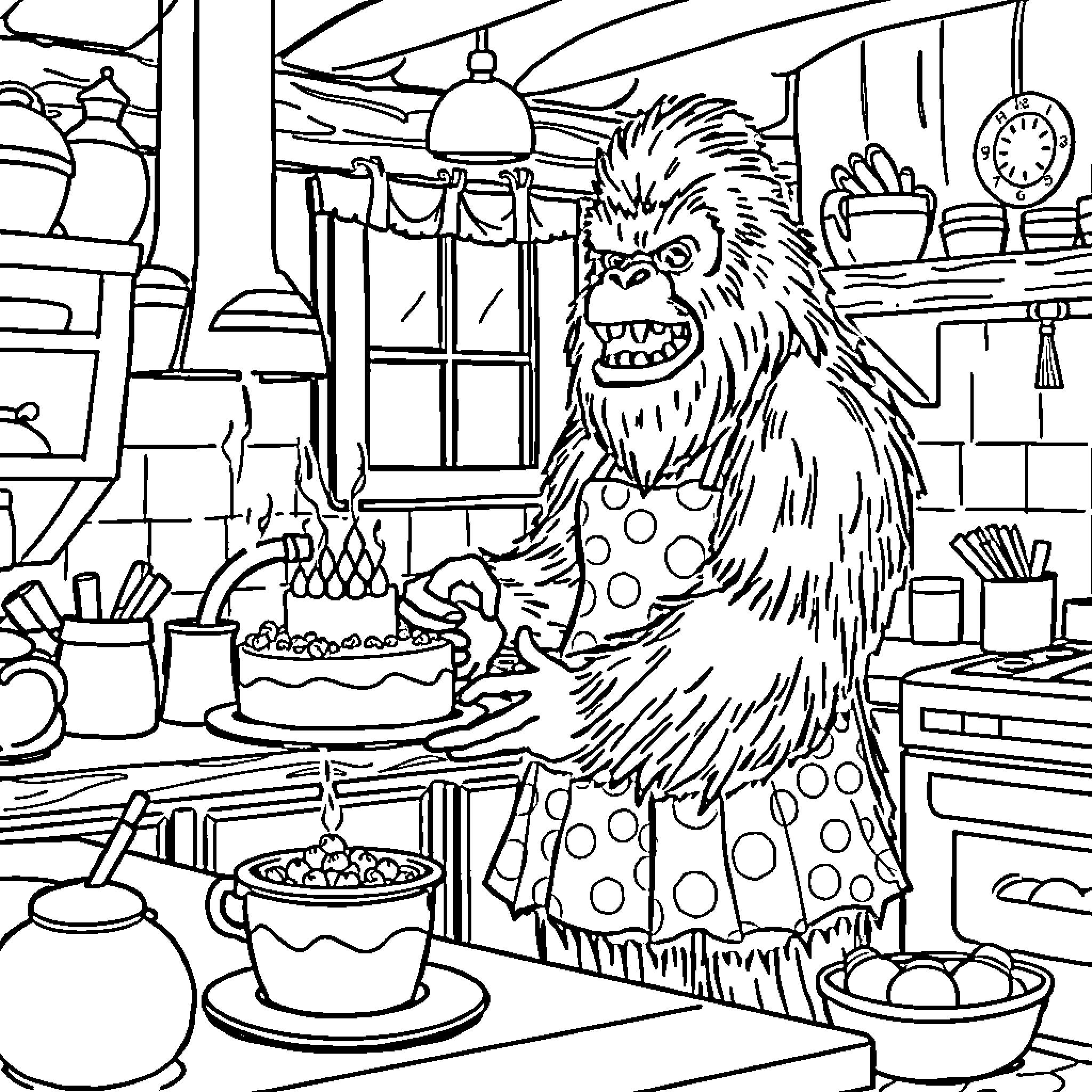 Bigfoot baking treats in the kitchen Coloring Page (free black-and-white line drawing printable PDF for all, from beginners to advanced learners, including children, teens, adults, and seniors)