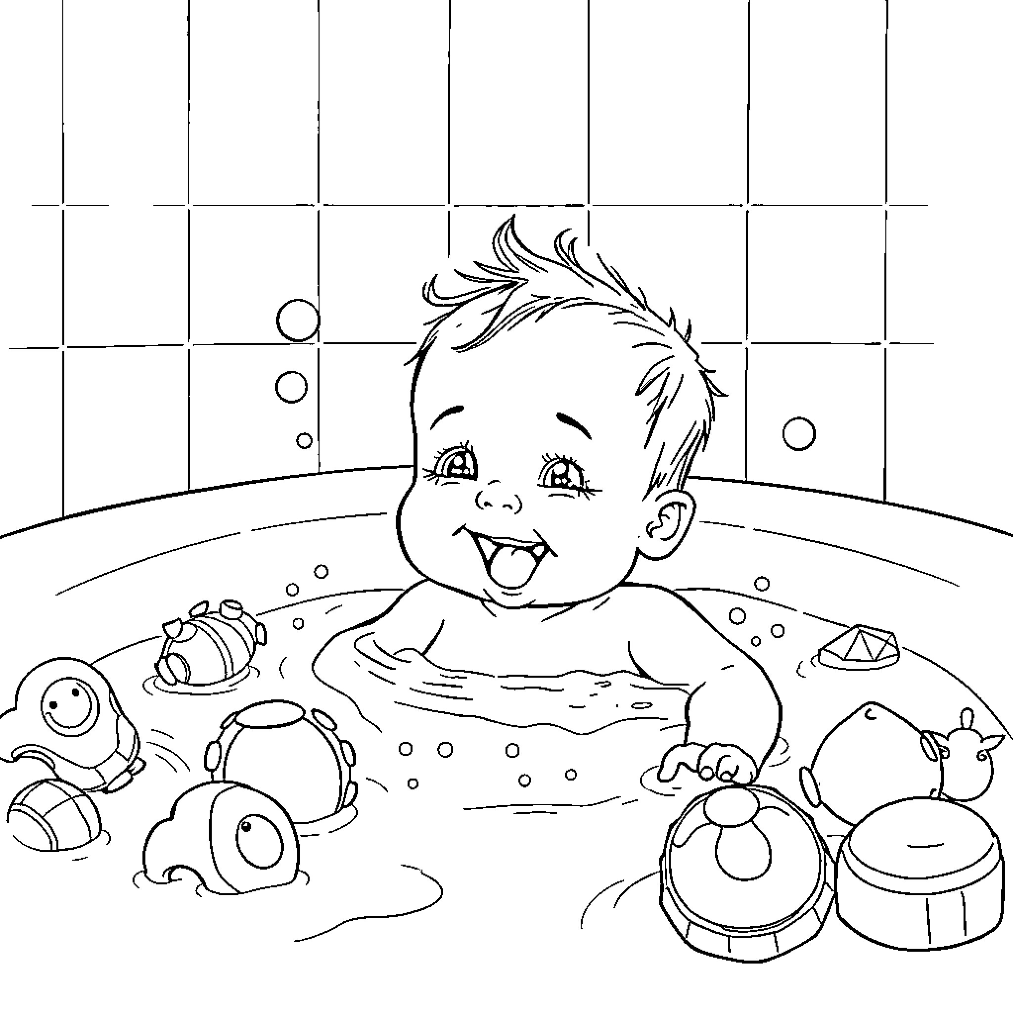 Baby enjoying a fun bubble bath with toys Coloring Page (free black-and-white line drawing printable PDF for all, from beginners to advanced learners, including children, teens, adults, and seniors)