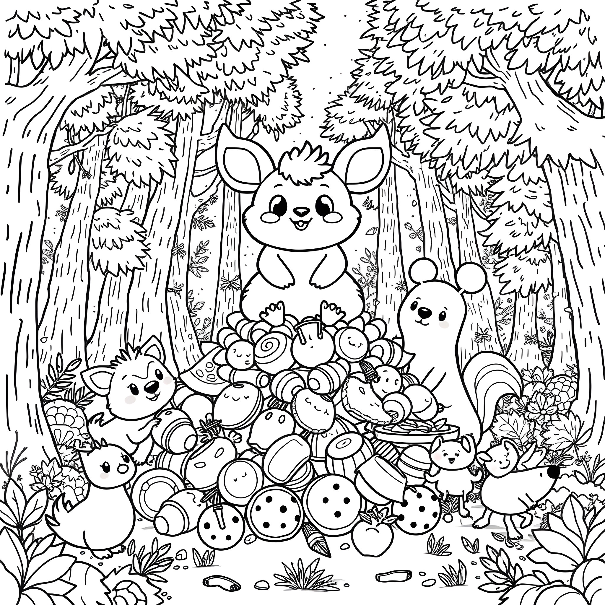Labubu's Whimsical Gathering in the Enchanted Forest Coloring Page (free black-and-white line drawing printable PDF for all, from beginners to advanced learners, including children, teens, adults, and seniors)