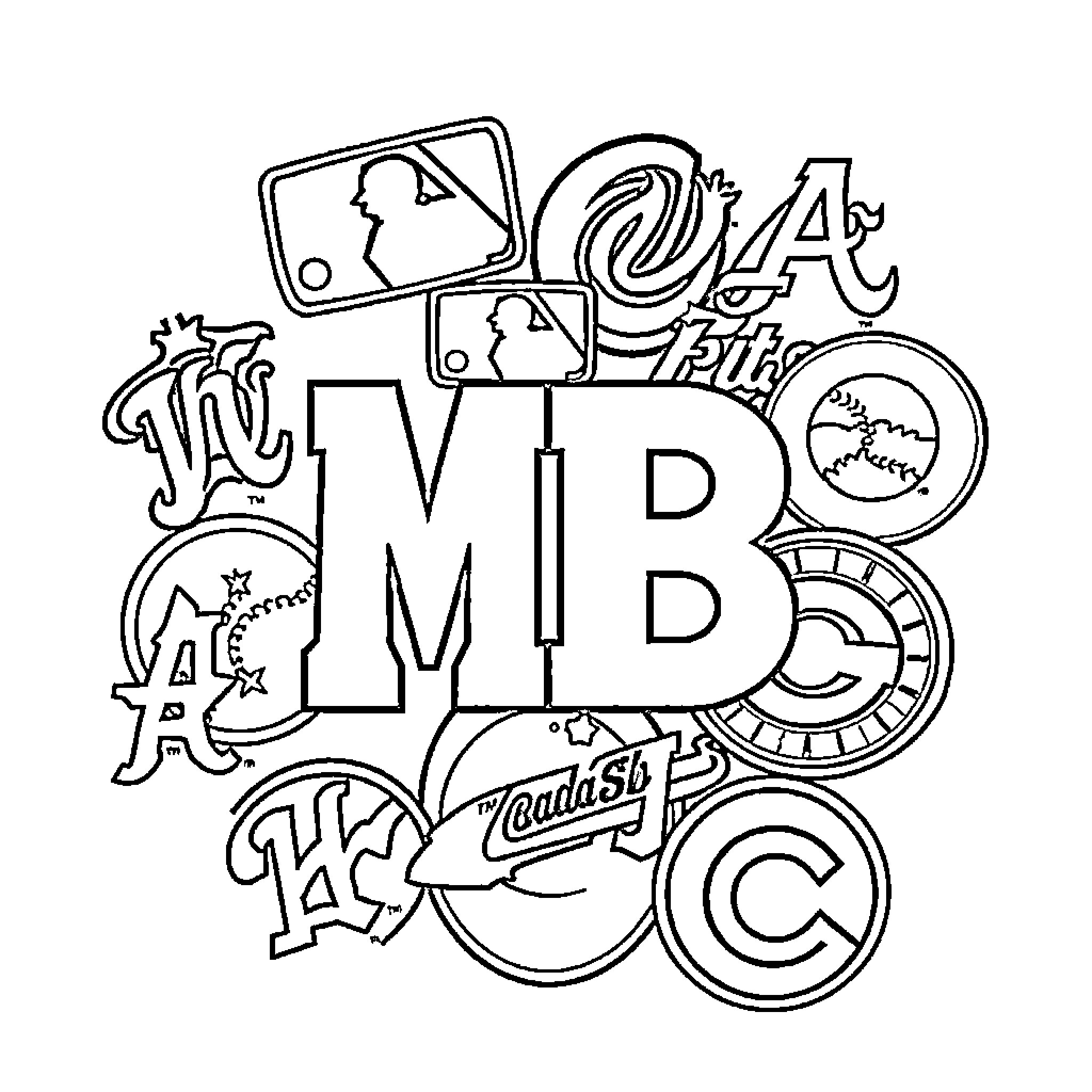 MLB Logo with Abstract Sports Symbols and Imagery Coloring Page (free black-and-white line drawing printable PDF for all, from beginners to advanced learners, including children, teens, adults, and seniors)