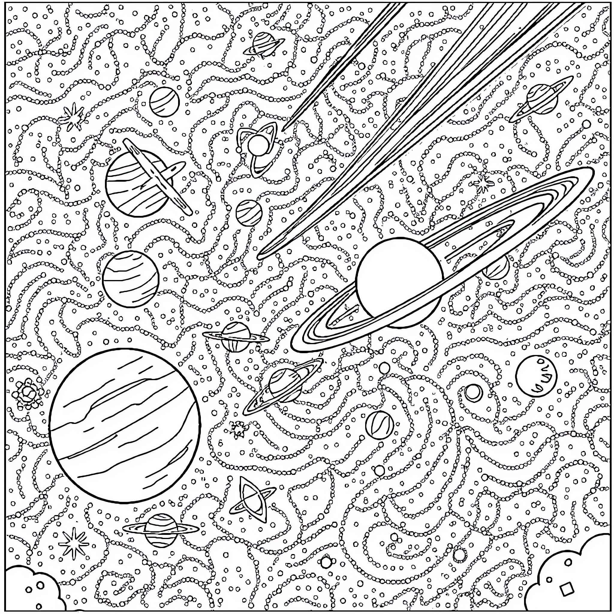 Space Exploration with Cosmic Wonders Coloring Page (free black-and-white line drawing printable PDF for all, from beginners to advanced learners, including children, teens, adults, and seniors)