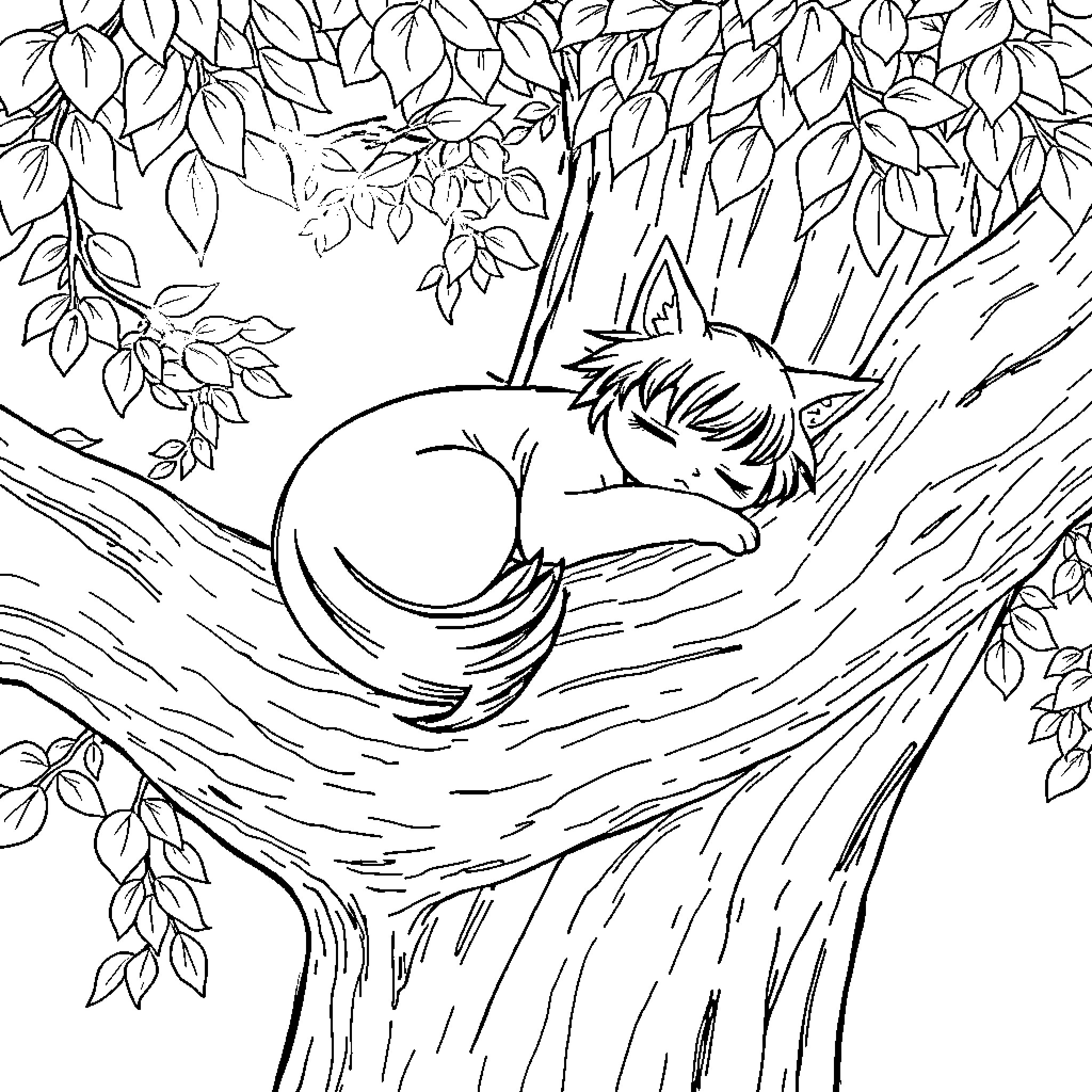 Inu Yasha resting peacefully in tree hollow Coloring Page (free black-and-white line drawing printable PDF for all, from beginners to advanced learners, including children, teens, adults, and seniors)