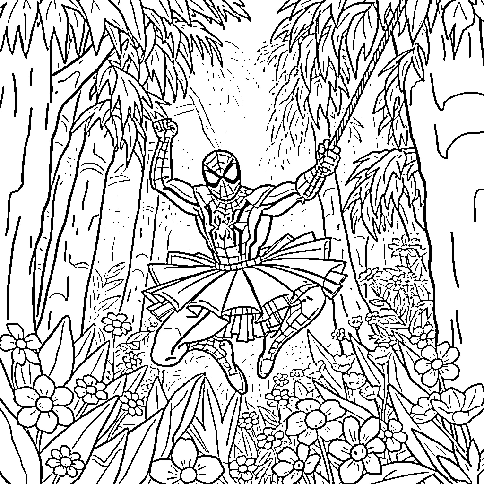 Spider-Man swinging through a magical forest Coloring Page (free black-and-white line drawing printable PDF for all, from beginners to advanced learners, including children, teens, adults, and seniors)