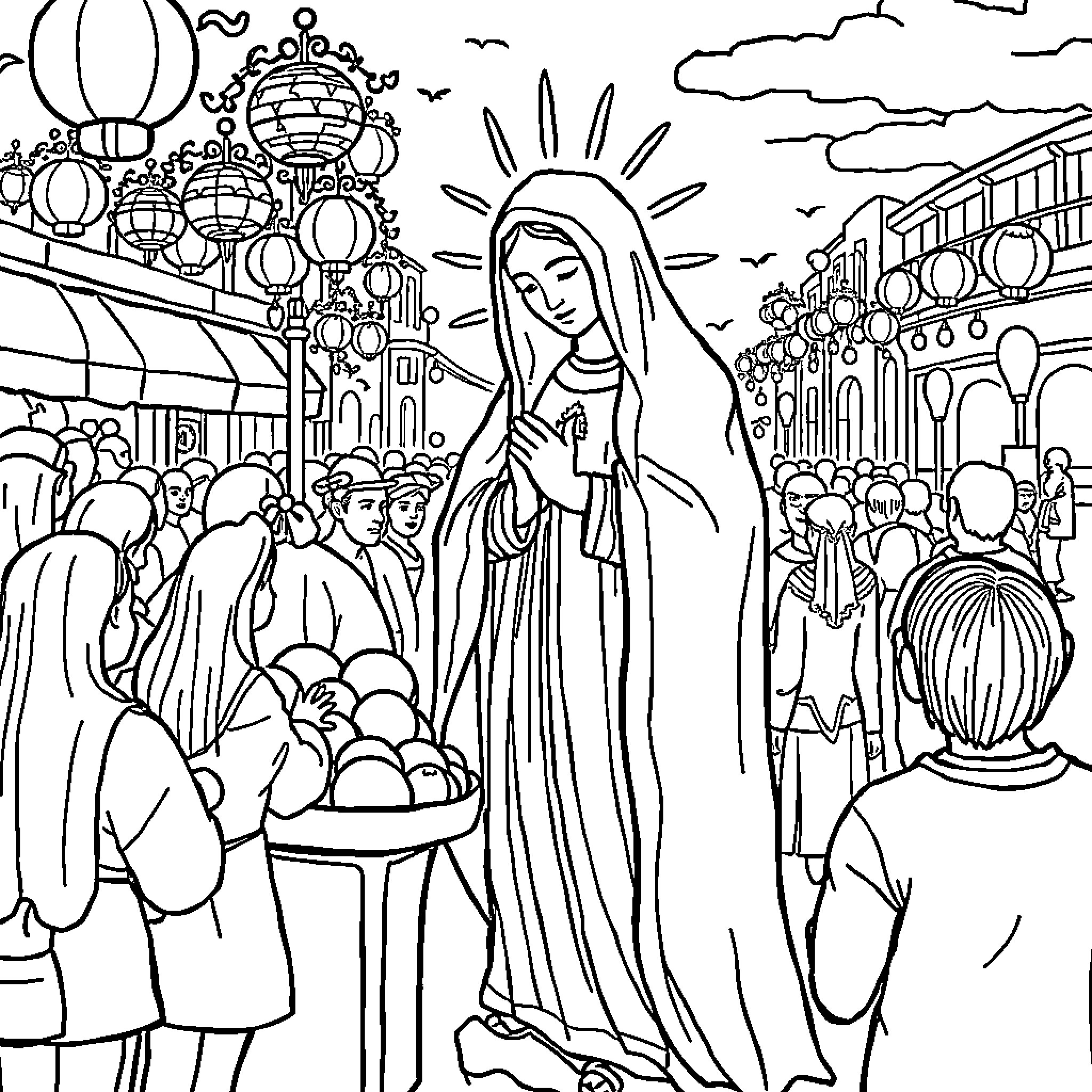 Virgen de Guadalupe appearing before a crowd Coloring Page (free black-and-white line drawing printable PDF for all, from beginners to advanced learners, including children, teens, adults, and seniors)