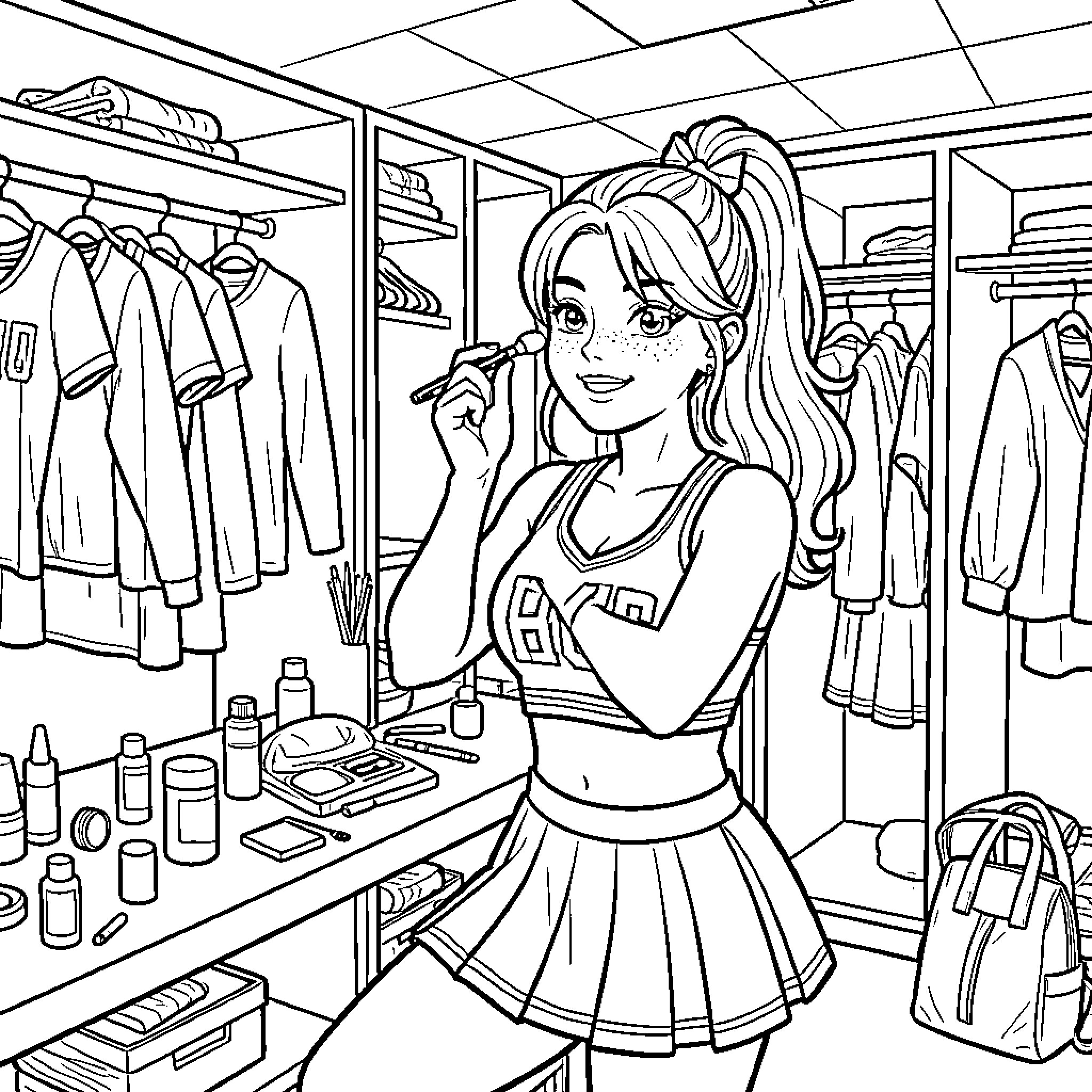 Cheerleader applying makeup in a locker room Coloring Page (free black-and-white line drawing printable PDF for all, from beginners to advanced learners, including children, teens, adults, and seniors)