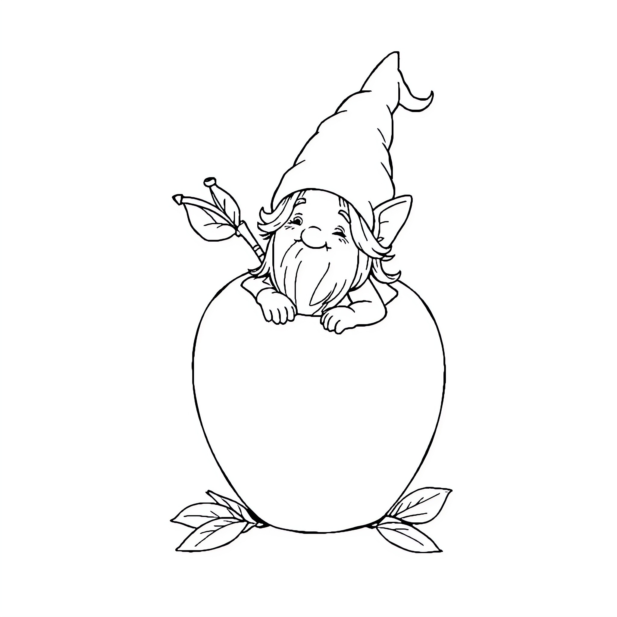 Gnome sitting inside a decorative egg Coloring Page (free black-and-white line drawing printable PDF for all, from beginners to advanced learners, including children, teens, adults, and seniors)