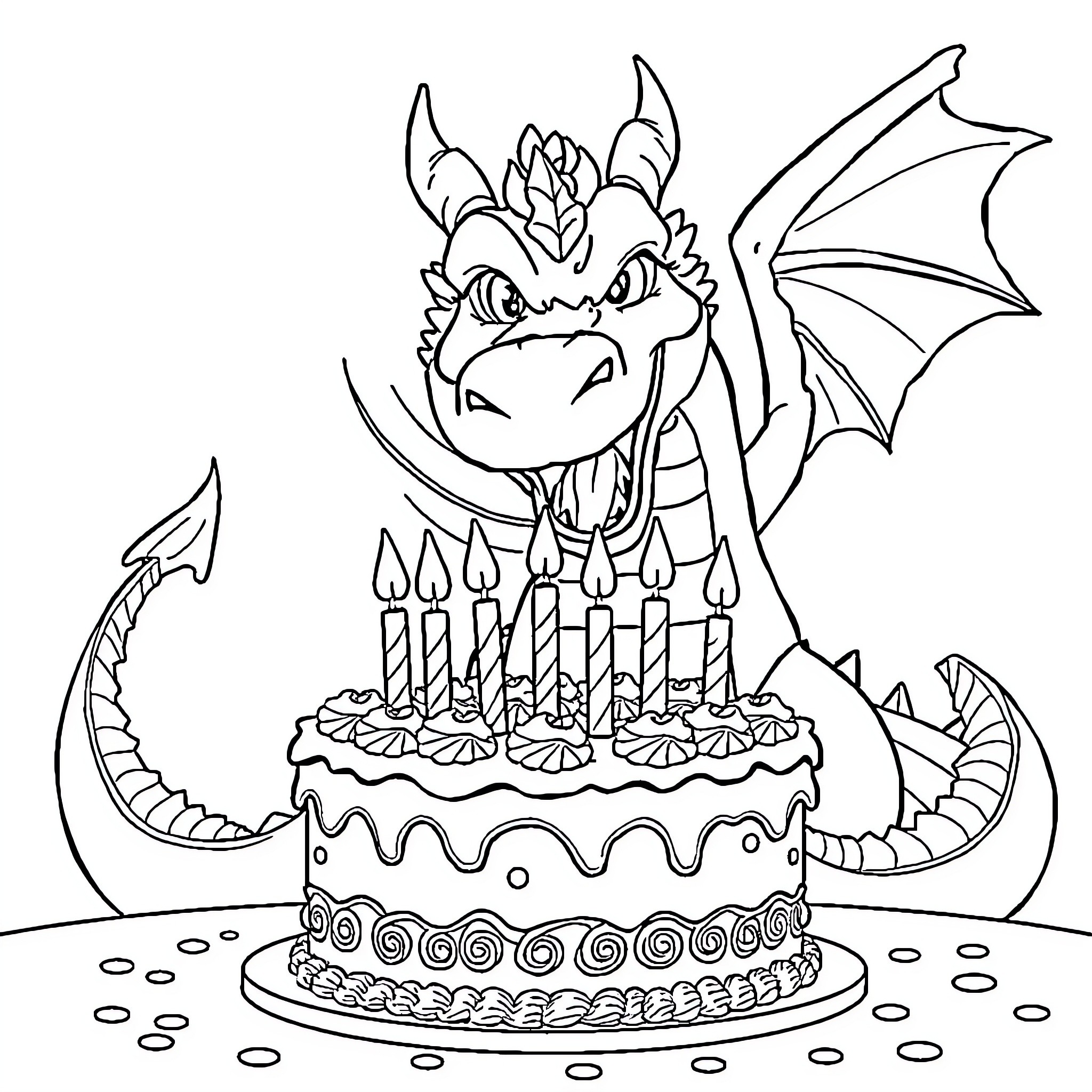 Dragon Celebrating Birthday with Cake and Candles Coloring Page (free black-and-white line drawing printable PDF for all, from beginners to advanced learners, including children, teens, adults, and seniors)