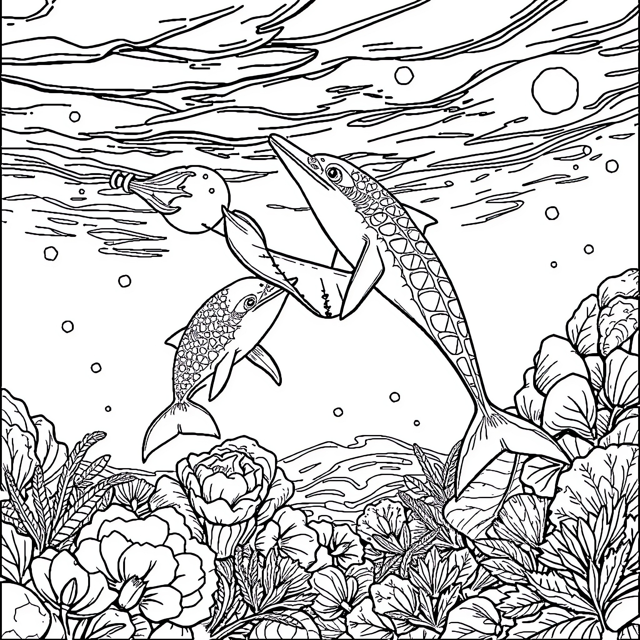 Atún leaping through underwater flora Coloring Page (free black-and-white line drawing printable PDF for all, from beginners to advanced learners, including children, teens, adults, and seniors)