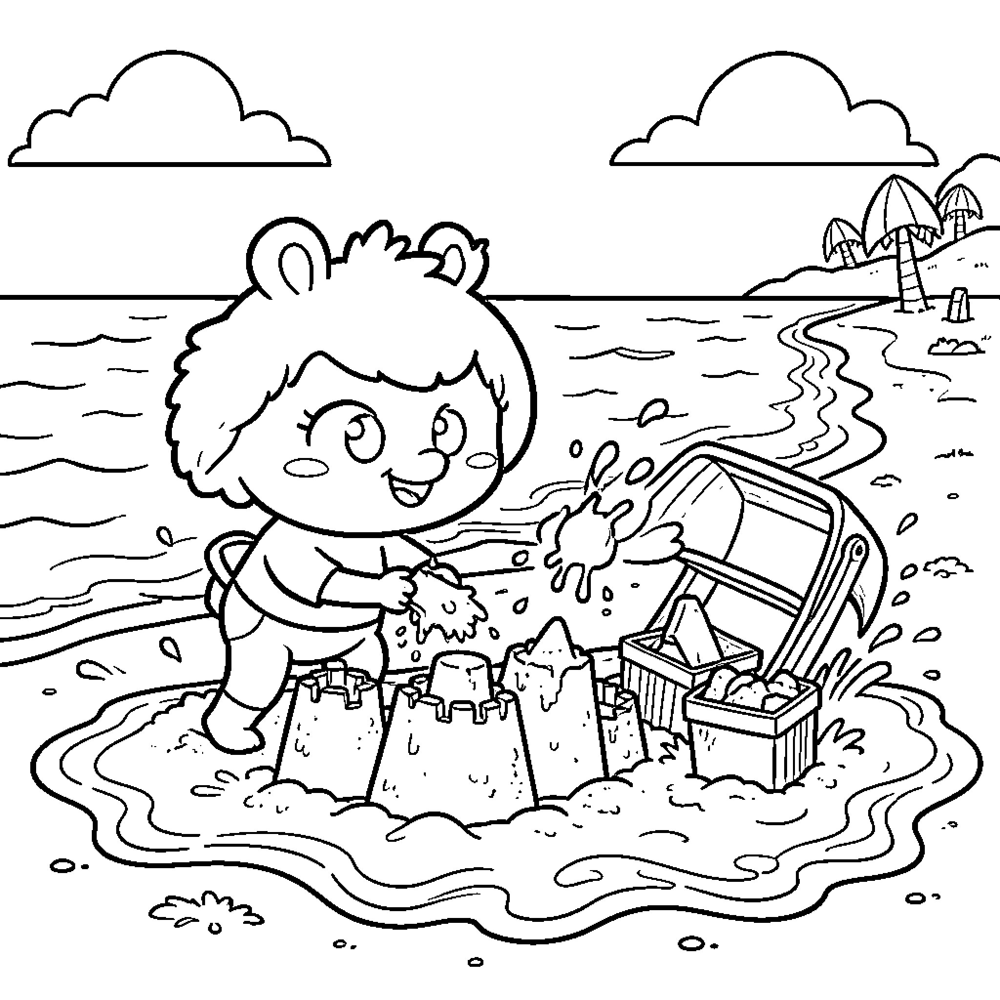 Tchoupi building sandcastles on the beach Coloring Page (free black-and-white line drawing printable PDF for all, from beginners to advanced learners, including children, teens, adults, and seniors)
