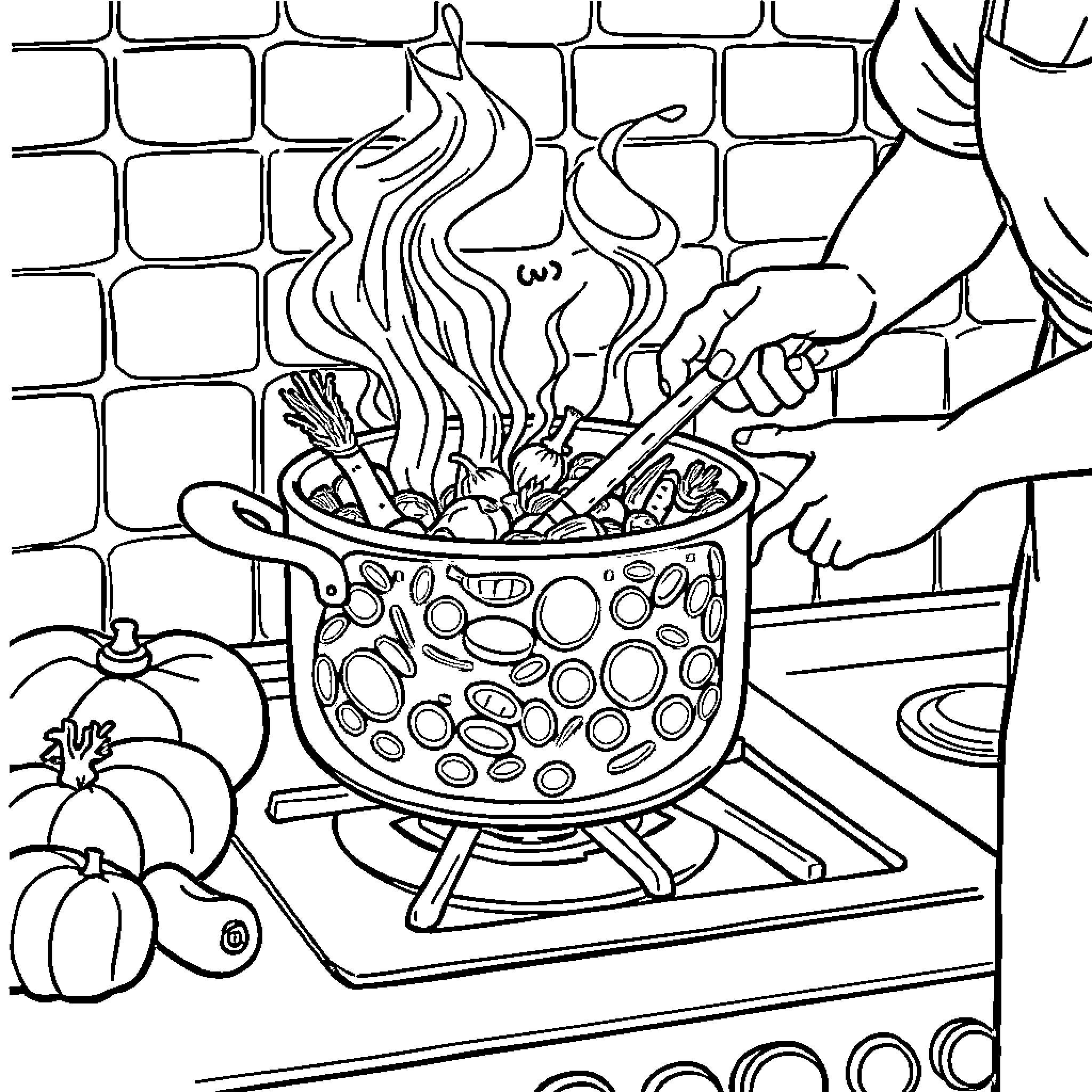 Pot of Cooking Delicacies on the Stove Coloring Page (free black-and-white line drawing printable PDF for all, from beginners to advanced learners, including children, teens, adults, and seniors)