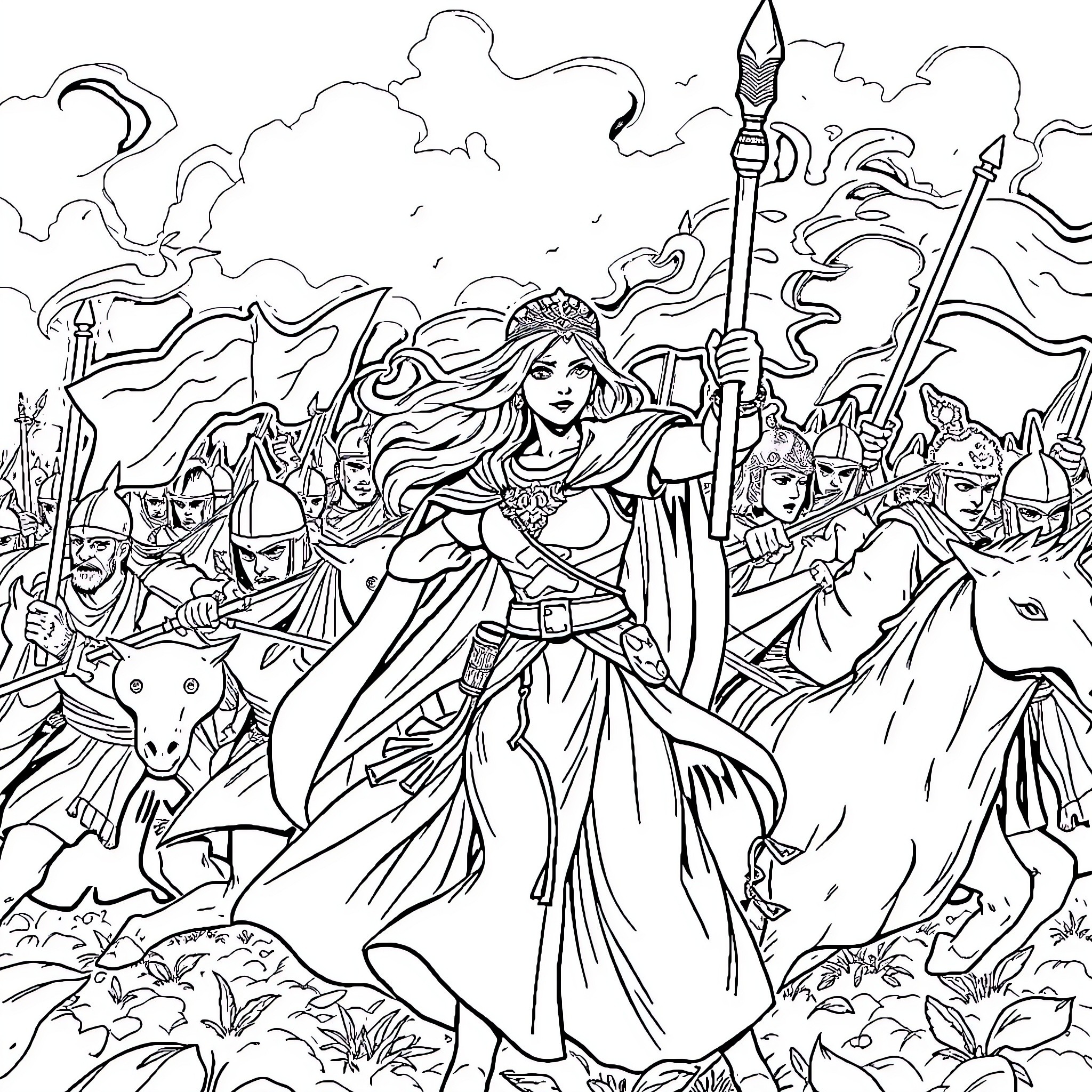 Princess Leading Her Army Into Battle Coloring Page (free black-and-white line drawing printable PDF for all, from beginners to advanced learners, including children, teens, adults, and seniors)