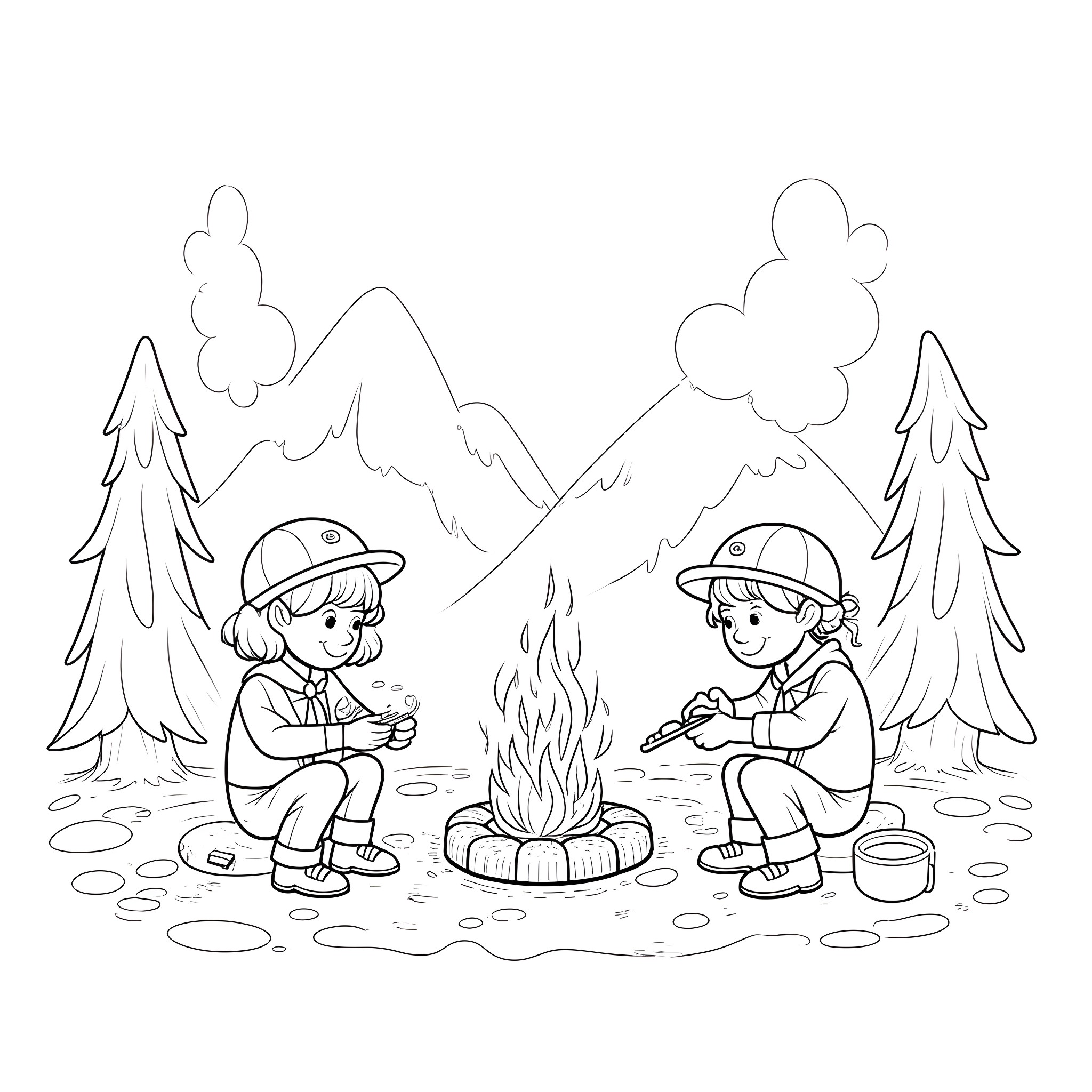 Scout Campers Enjoying Campfire in the Mountains Coloring Page (free black-and-white line drawing printable PDF for all, from beginners to advanced learners, including children, teens, adults, and seniors)