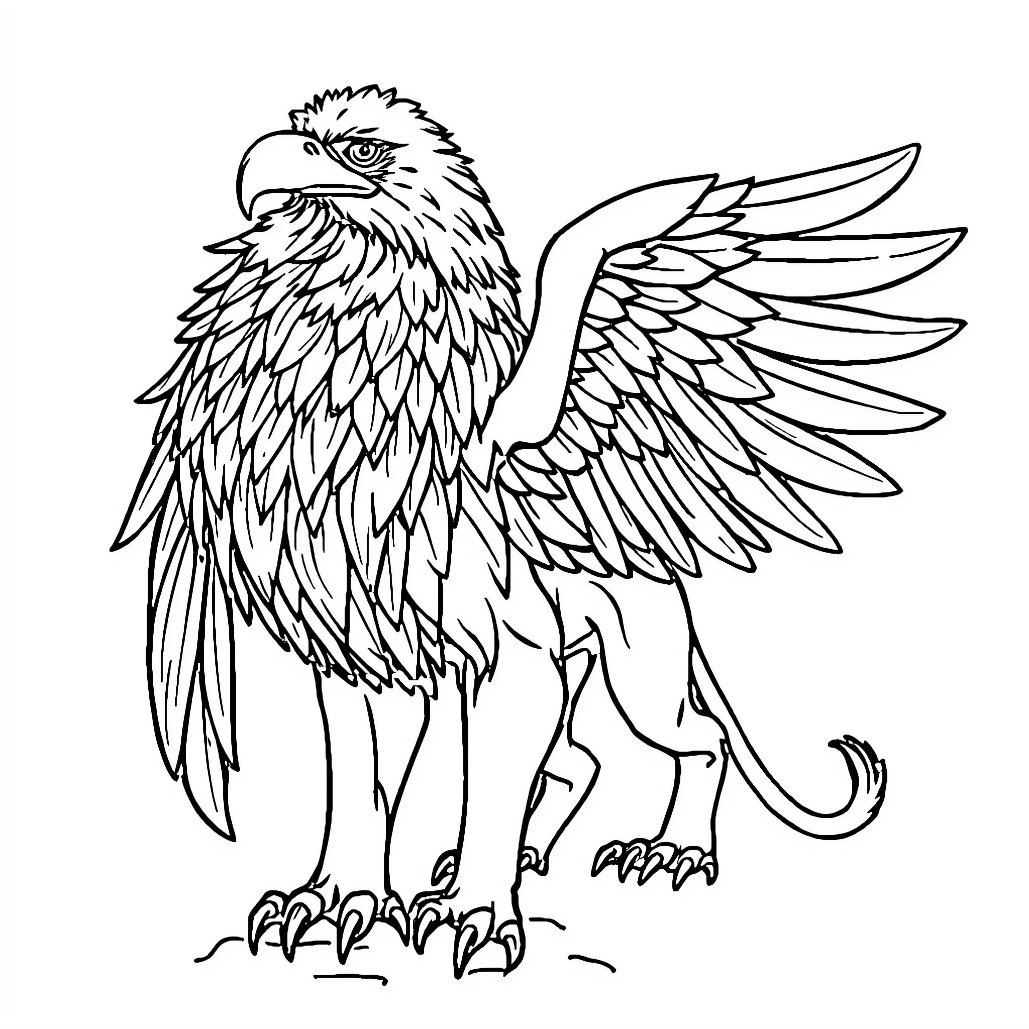 Griffin with majestic wings in flight Coloring Page (free black-and-white line drawing printable PDF for all, from beginners to advanced learners, including children, teens, adults, and seniors)