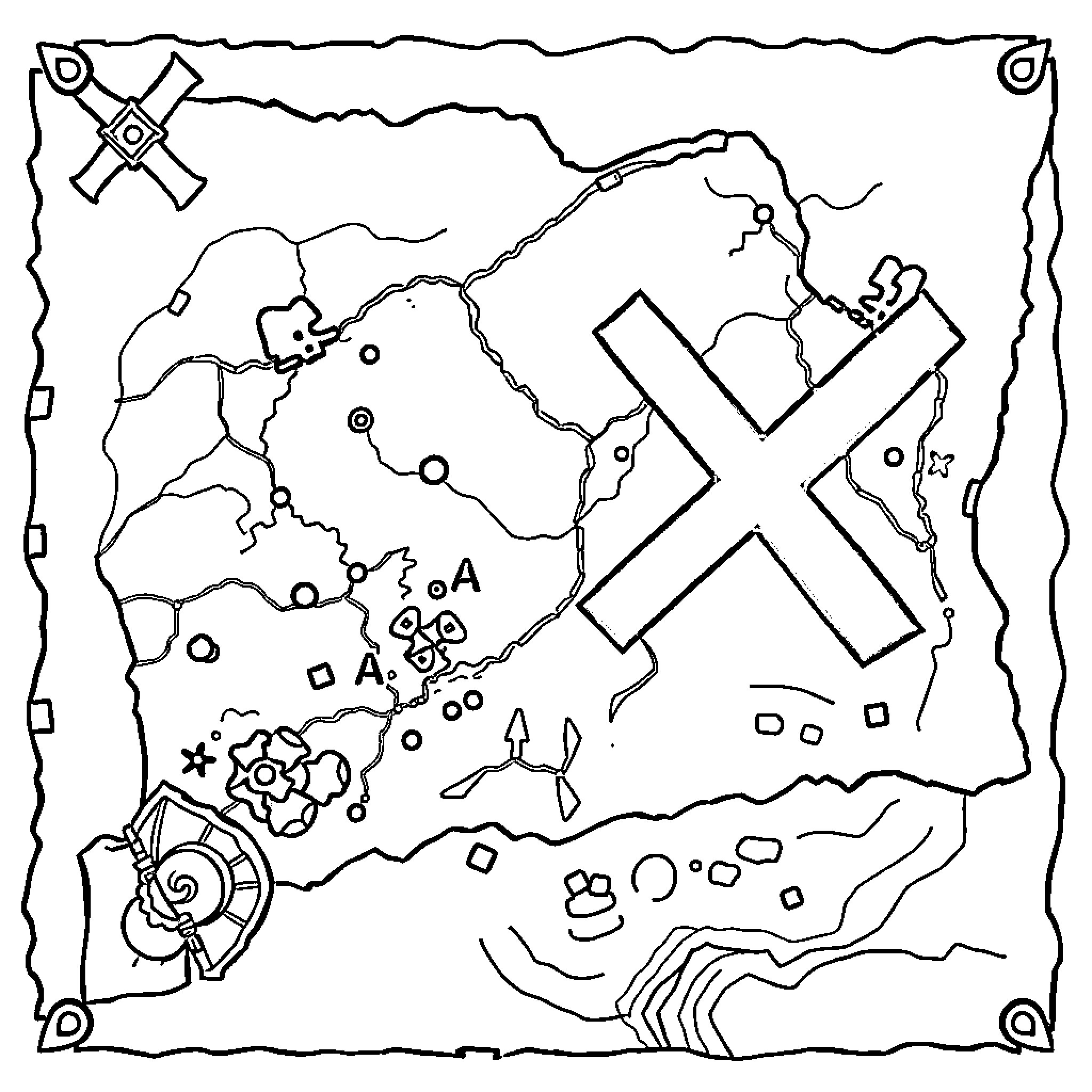 Treasure Map of Mysterious Terrain Coloring Page (free black-and-white line drawing printable PDF for all, from beginners to advanced learners, including children, teens, adults, and seniors)