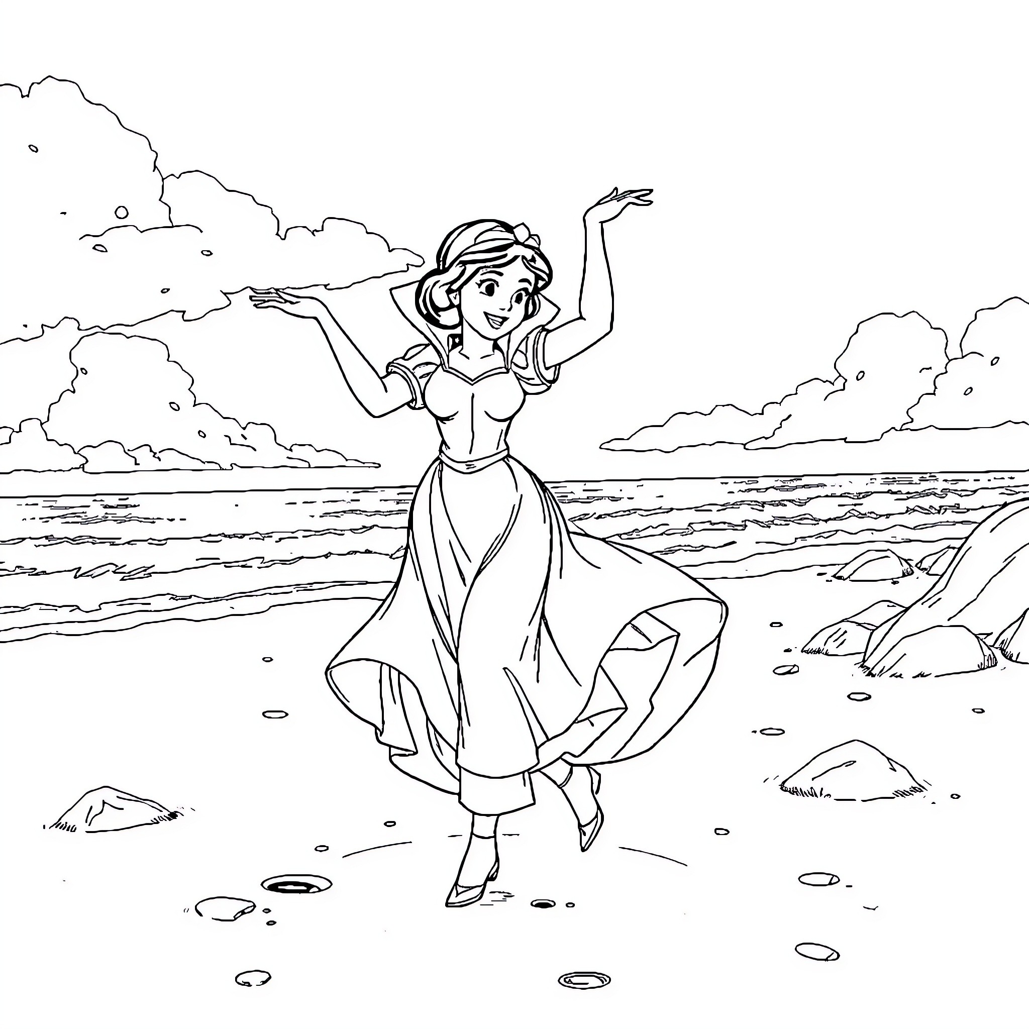Snow White dancing joyfully on the beach Coloring Page (free black-and-white line drawing printable PDF for all, from beginners to advanced learners, including children, teens, adults, and seniors)