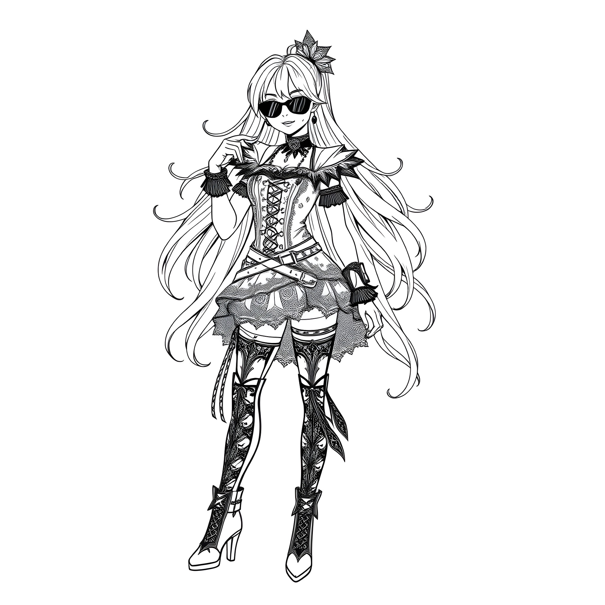 Goth Girl Striking Confident Pose in Elaborate Outfit Coloring Page (free black-and-white line drawing printable PDF for all, from beginners to advanced learners, including children, teens, adults, and seniors)