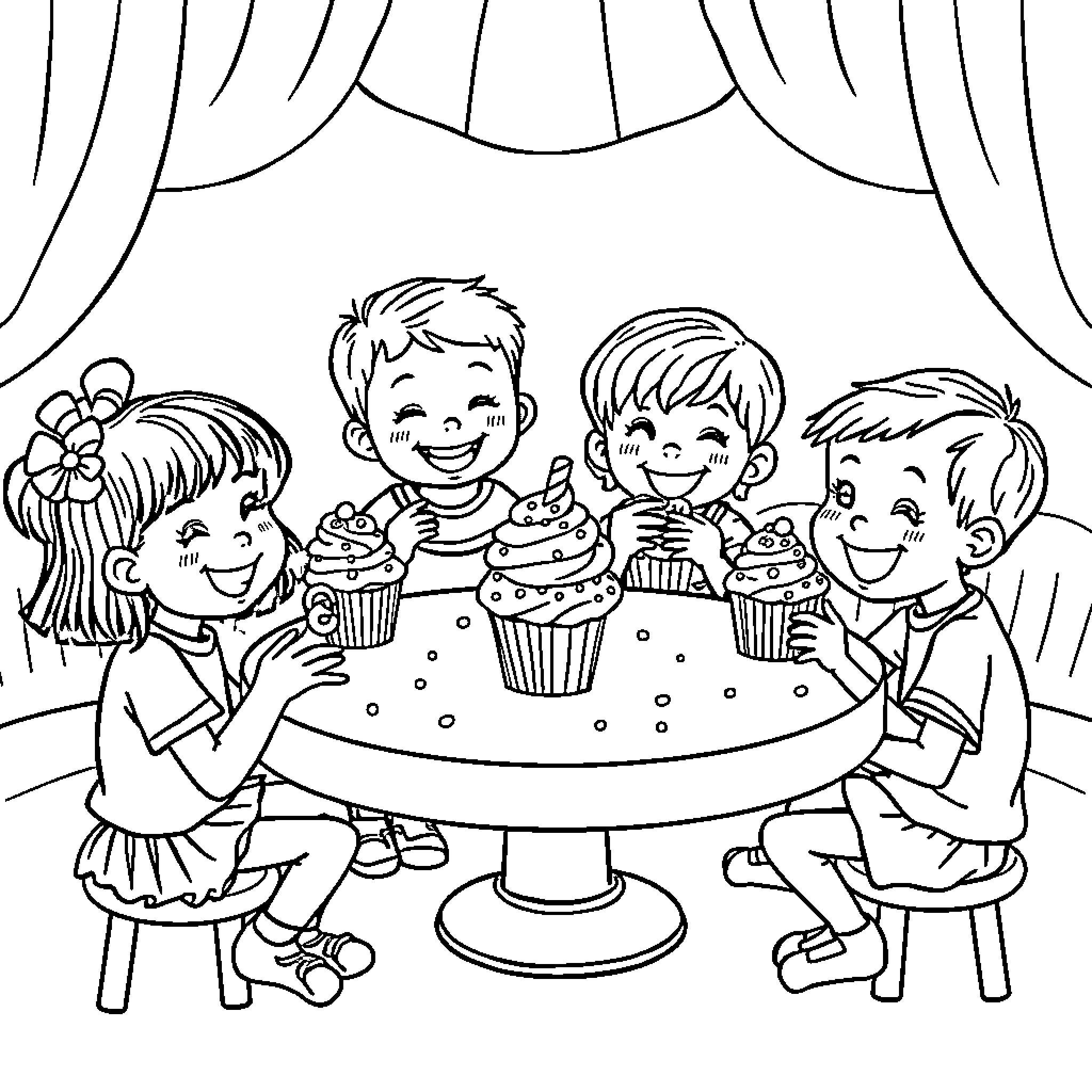 Child friends enjoying cupcakes at a party Coloring Page (free black-and-white line drawing printable PDF for all, from beginners to advanced learners, including children, teens, adults, and seniors)