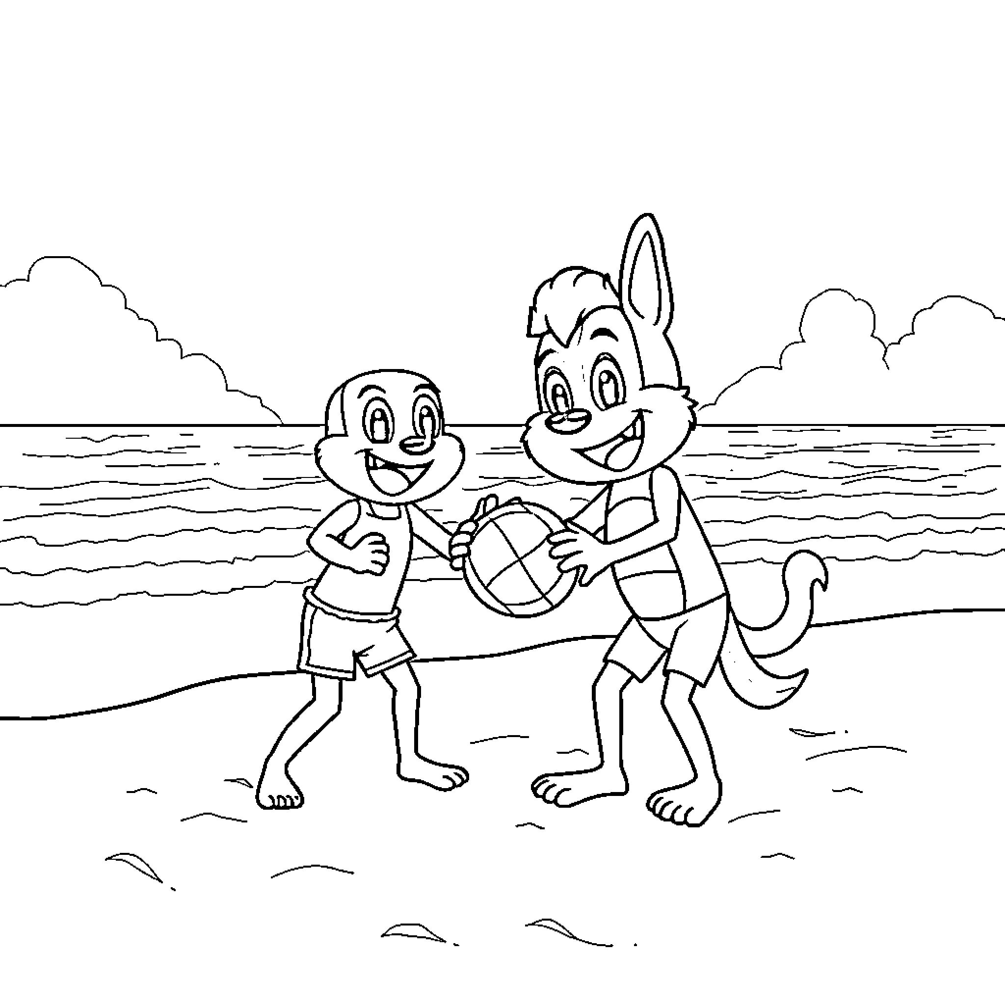 Bingo friends playing at the beach Coloring Page (free black-and-white line drawing printable PDF for all, from beginners to advanced learners, including children, teens, adults, and seniors)