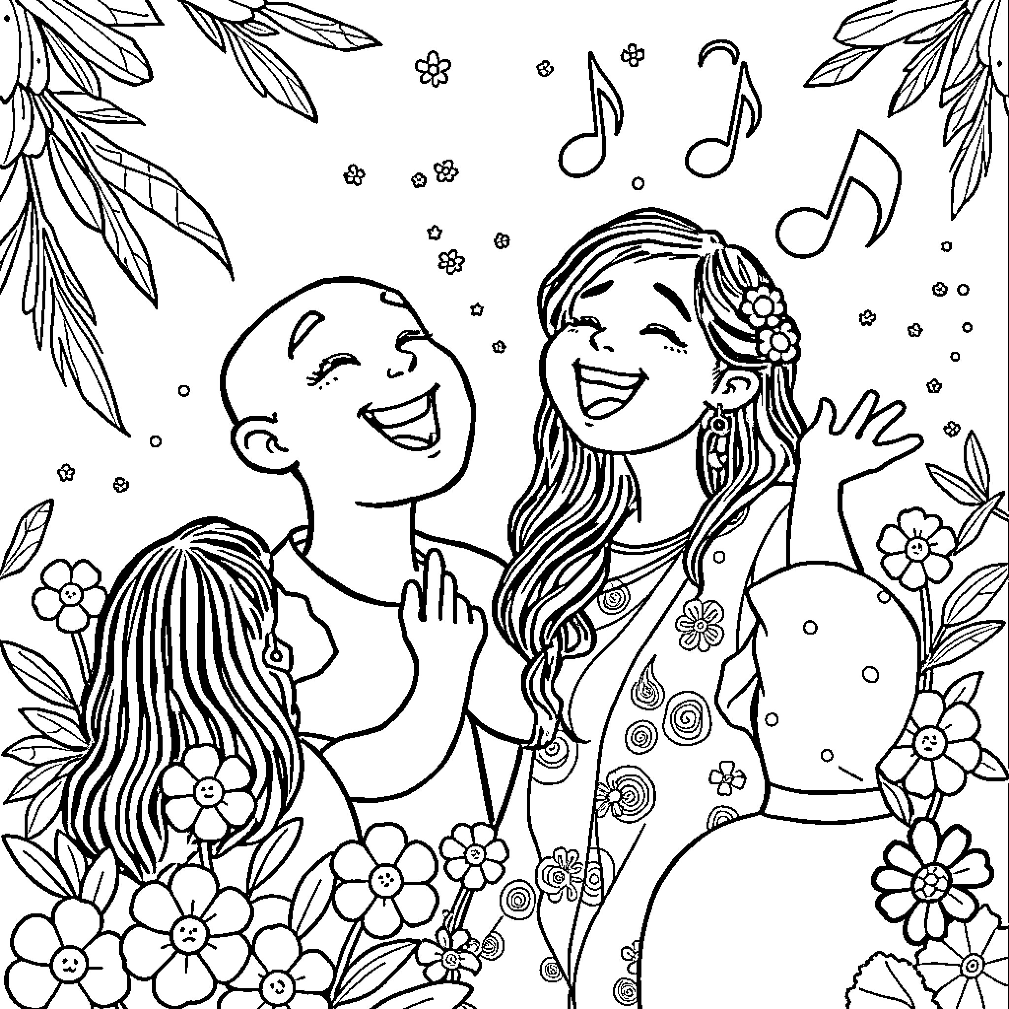 Tralalero Joyful Children Singing and Dancing in Floral Field Coloring Page (free black-and-white line drawing printable PDF for all, from beginners to advanced learners, including children, teens, adults, and seniors)